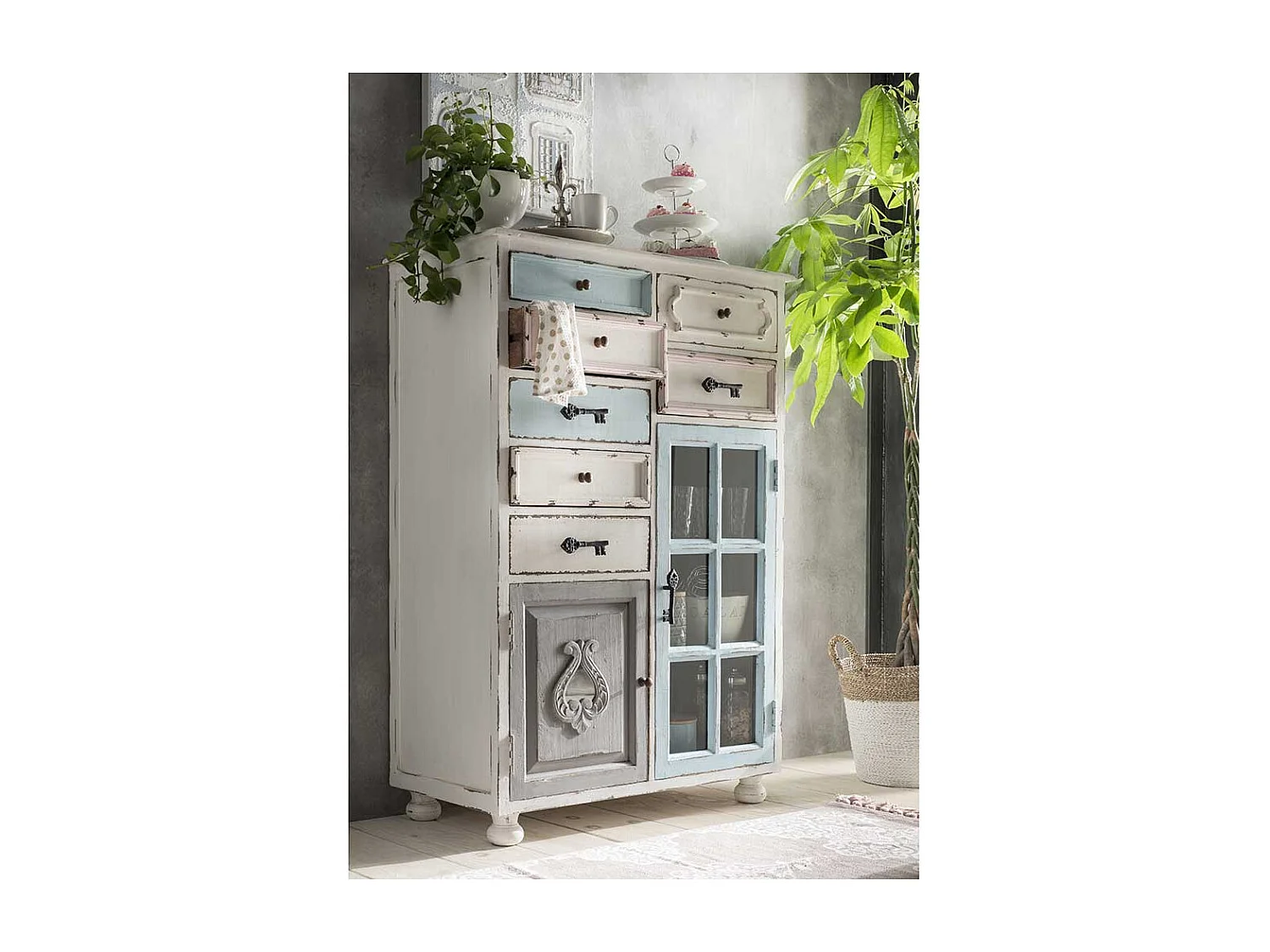 Shabby Chic Kommode aus Recyclingholz Mehrfarbig