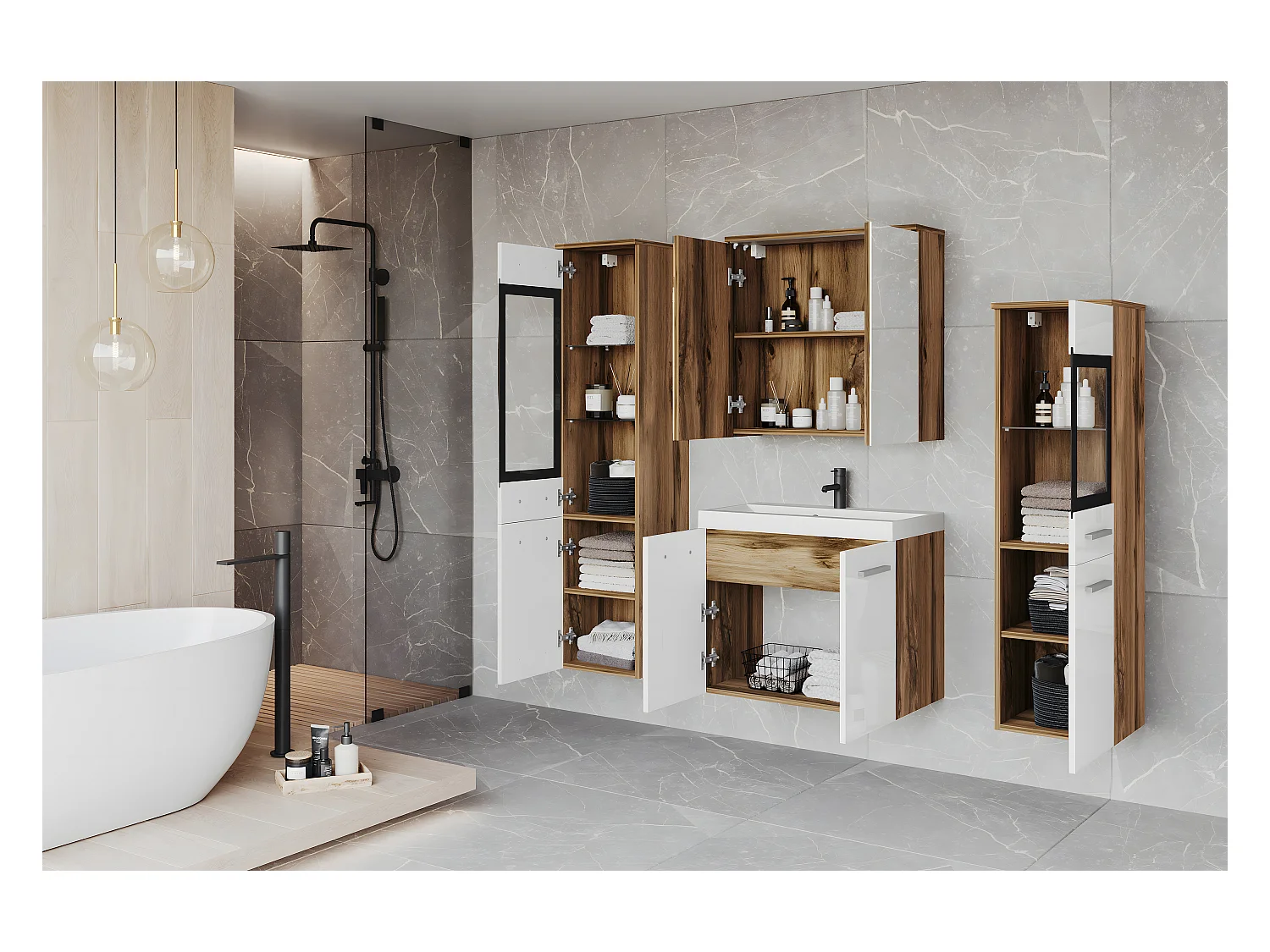 Badkamermeubels met LED, hangende set met wastafel, 2 kolomkasten en spiegelkast, corpus eiken wotan, fronten wit hoogglans