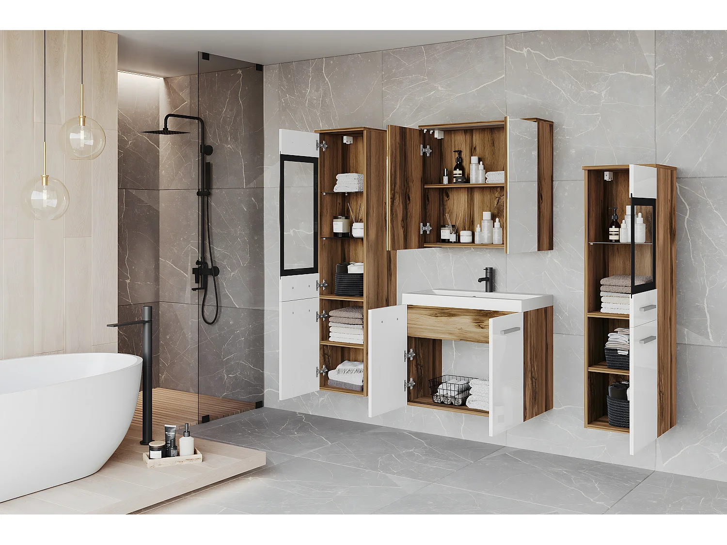 Meubles de salle de bain avec LED, ensemble suspendu avec lavabo, 2 colonnes et armoire miroir, corps chêne wotan, façades blanc brillant