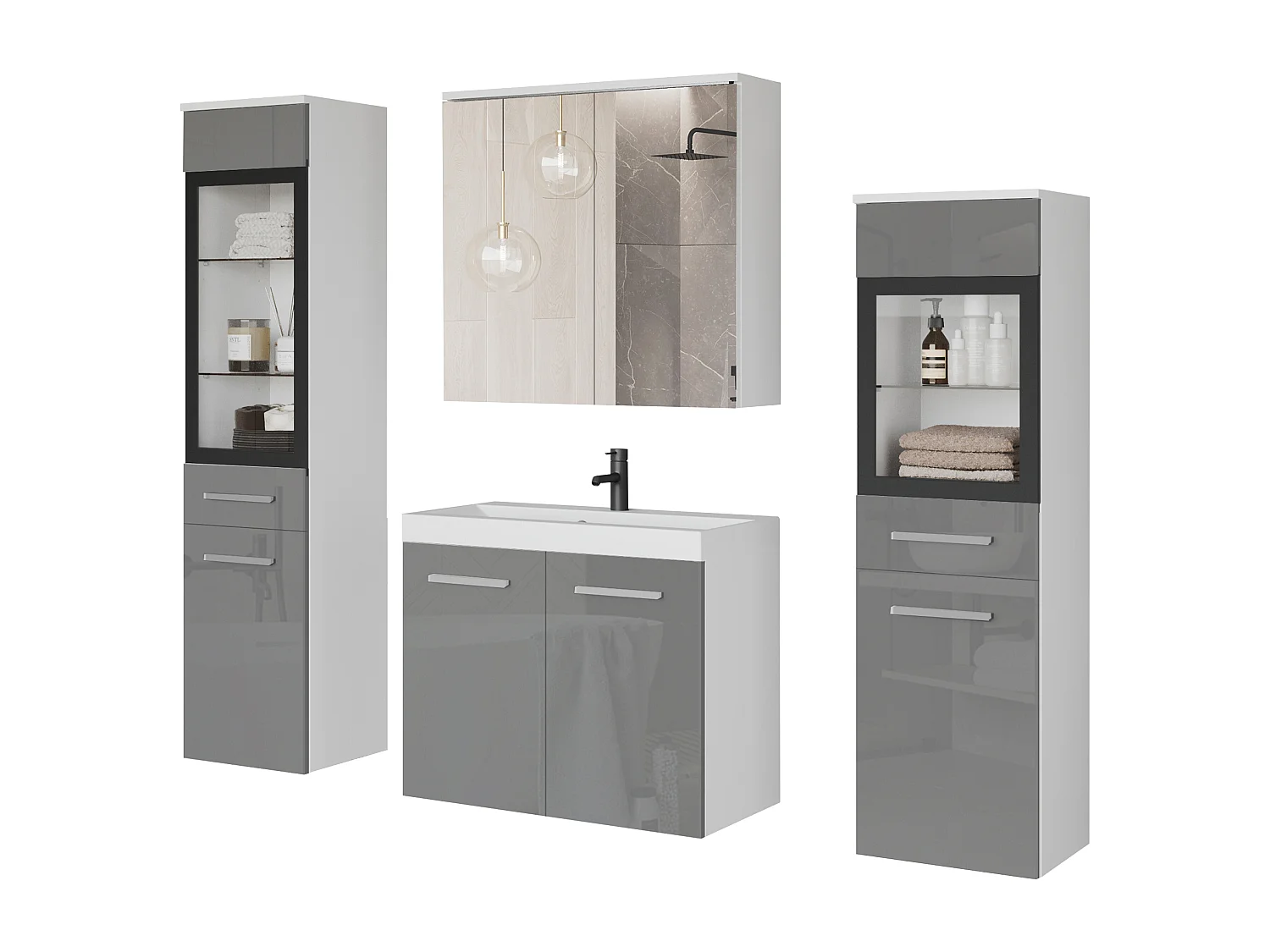 Meubles de salle de bain avec LED, ensemble suspendu avec lavabo, 2 colonnes et armoire miroir, corps blanc mat, façades gris brillant