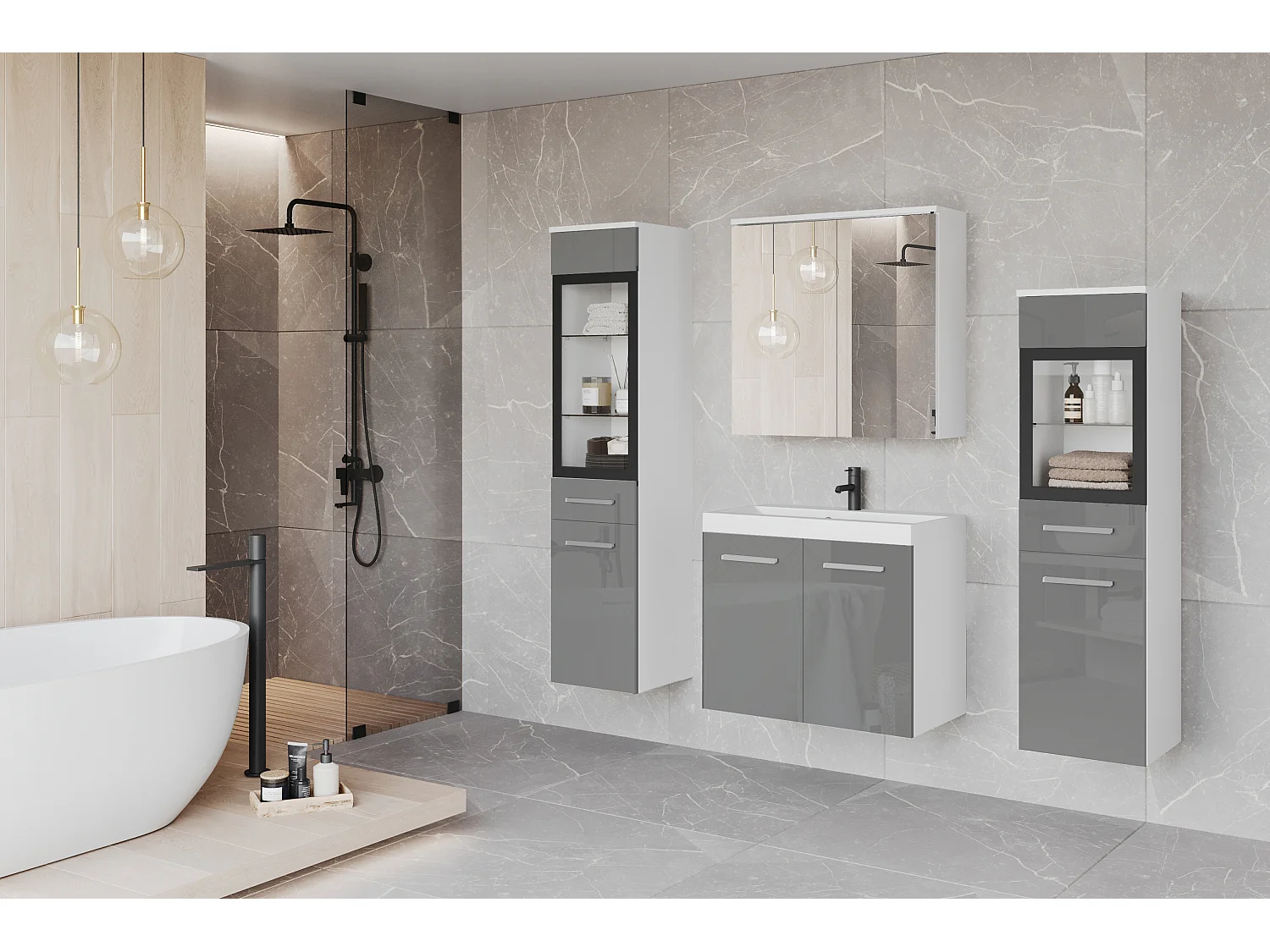 Modernes LED-Badezimmermöbel-Set mit hohen und niedrigen Säulen, Spiegelschrank, weißem matten Korpus, glänzenden grauen Fronten