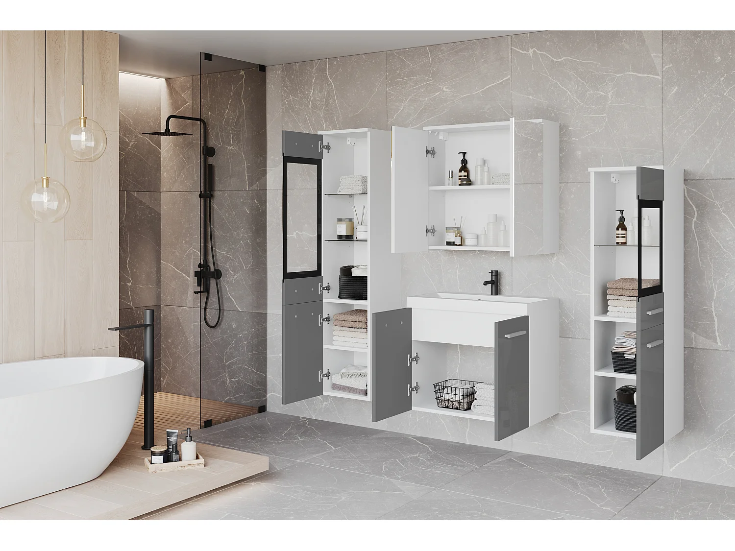 Modernes LED-Badezimmermöbel-Set mit hohen und niedrigen Säulen, Spiegelschrank, weißem matten Korpus, glänzenden grauen Fronten
