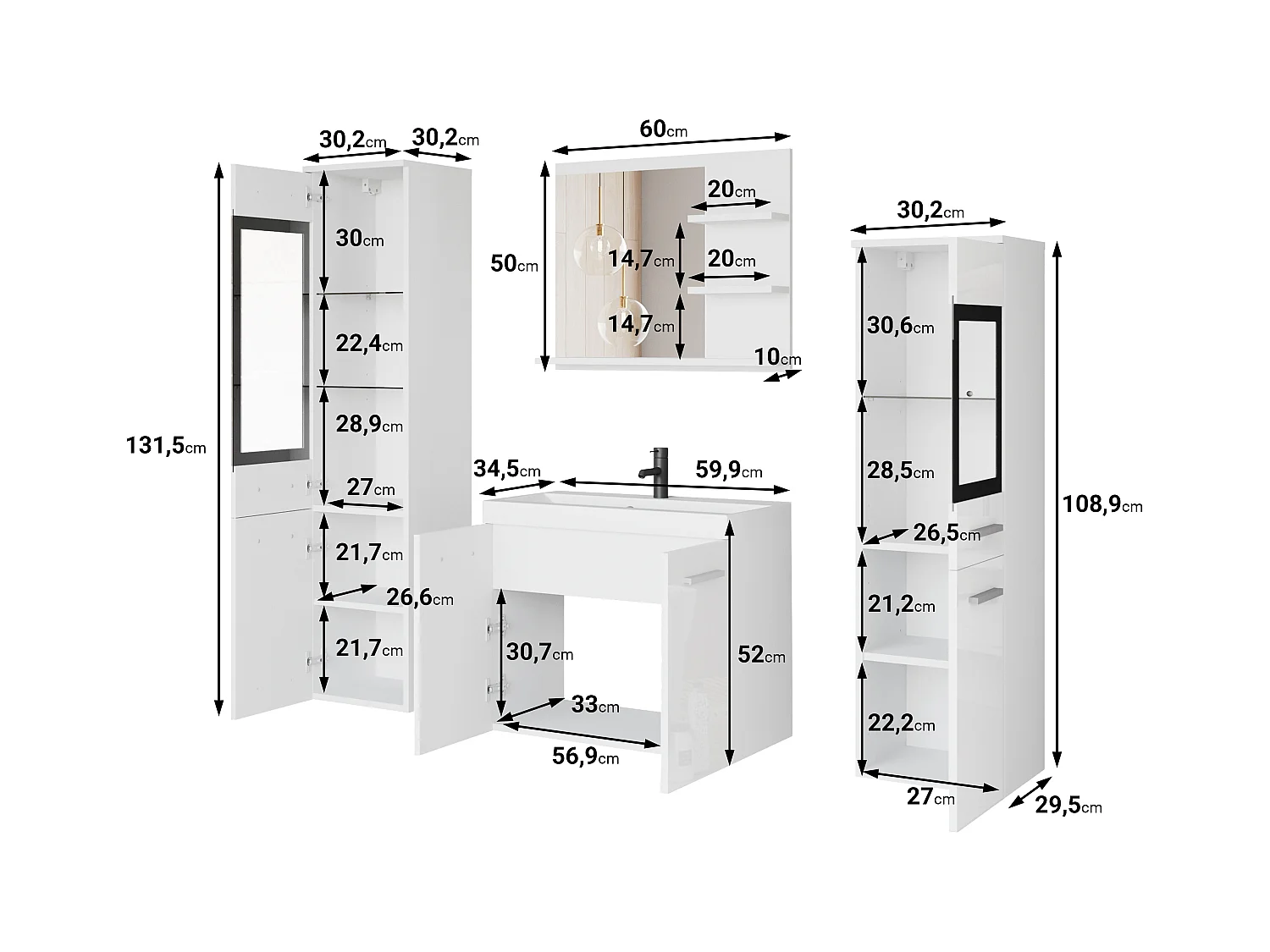 Badkamermeubels met LED, hangende set met wastafel, 2 kolomkasten en spiegelkast, eiken artisan