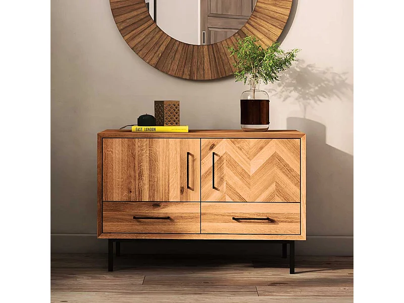 Kommode Vollholz in Wildeichefarben Vierfußgestell aus Metall