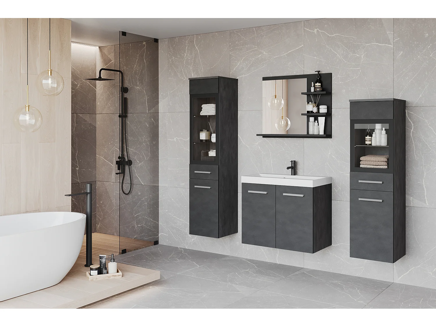 Ensemble de salle de bain avec LED, meubles suspendus avec lavabo, 2 colonnes et miroir avec étagères, anthracite matera