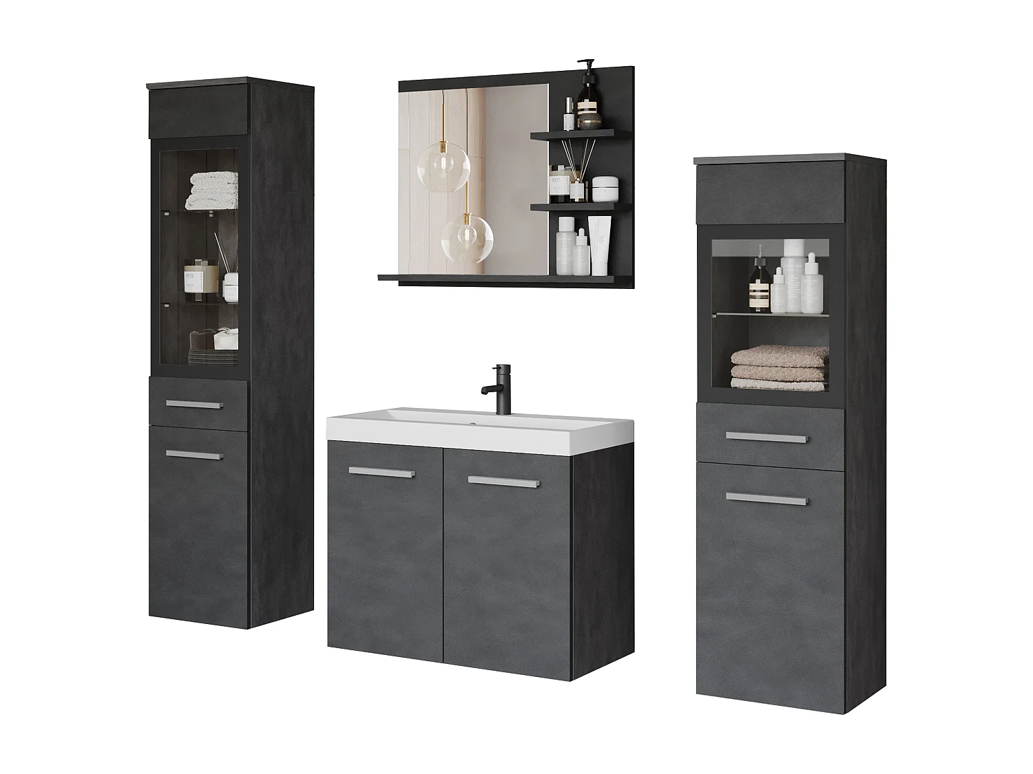 Ensemble de salle de bain avec LED, meubles suspendus avec lavabo, 2 colonnes et miroir avec étagères, anthracite matera