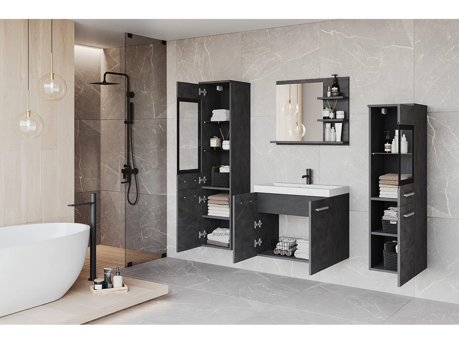 Ensemble de salle de bain avec LED, meubles suspendus avec lavabo, 2 colonnes et miroir avec étagères, anthracite matera