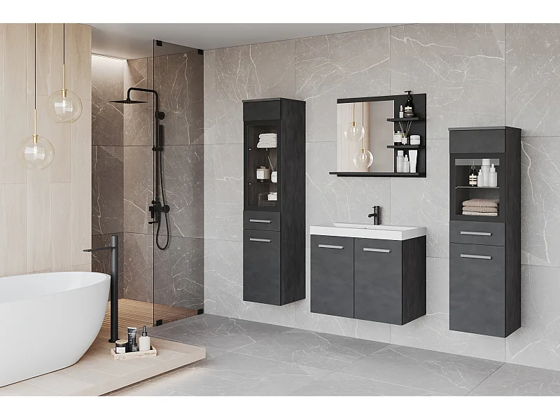 Ensemble de salle de bain avec LED, meubles suspendus avec lavabo, 2 colonnes et miroir avec étagères, anthracite matera