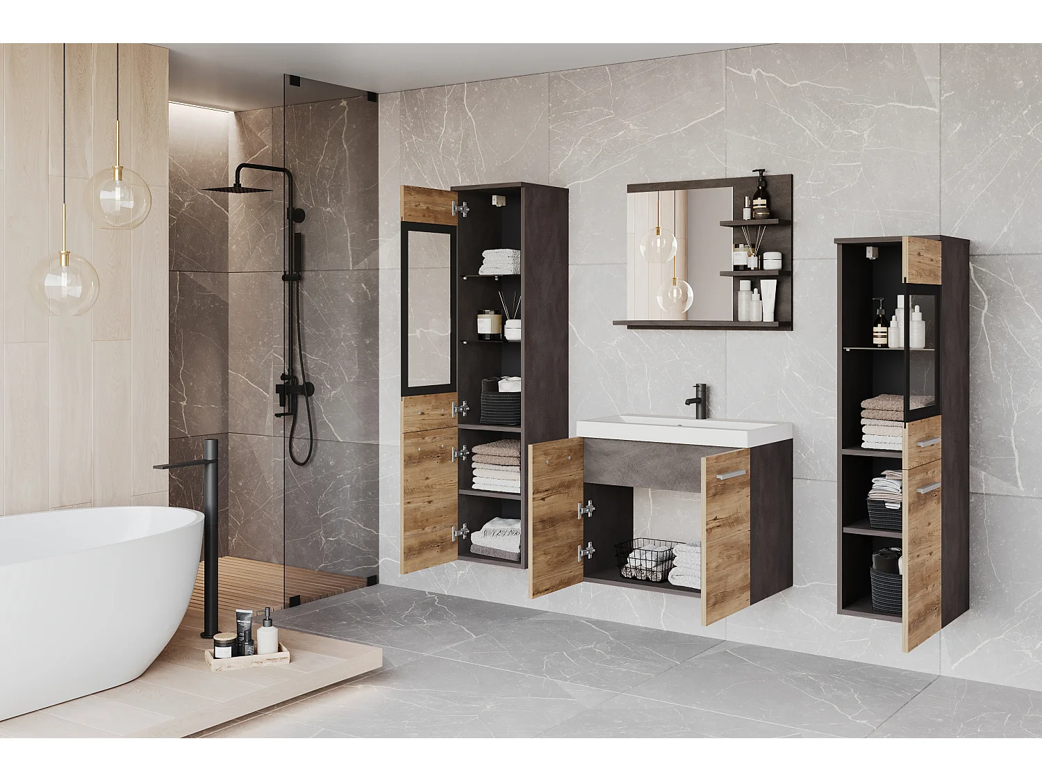 Ensemble de salle de bain avec LED, meubles suspendus avec lavabo, 2 colonnes et miroir avec étagères, corps anthracite, façades châtaignier