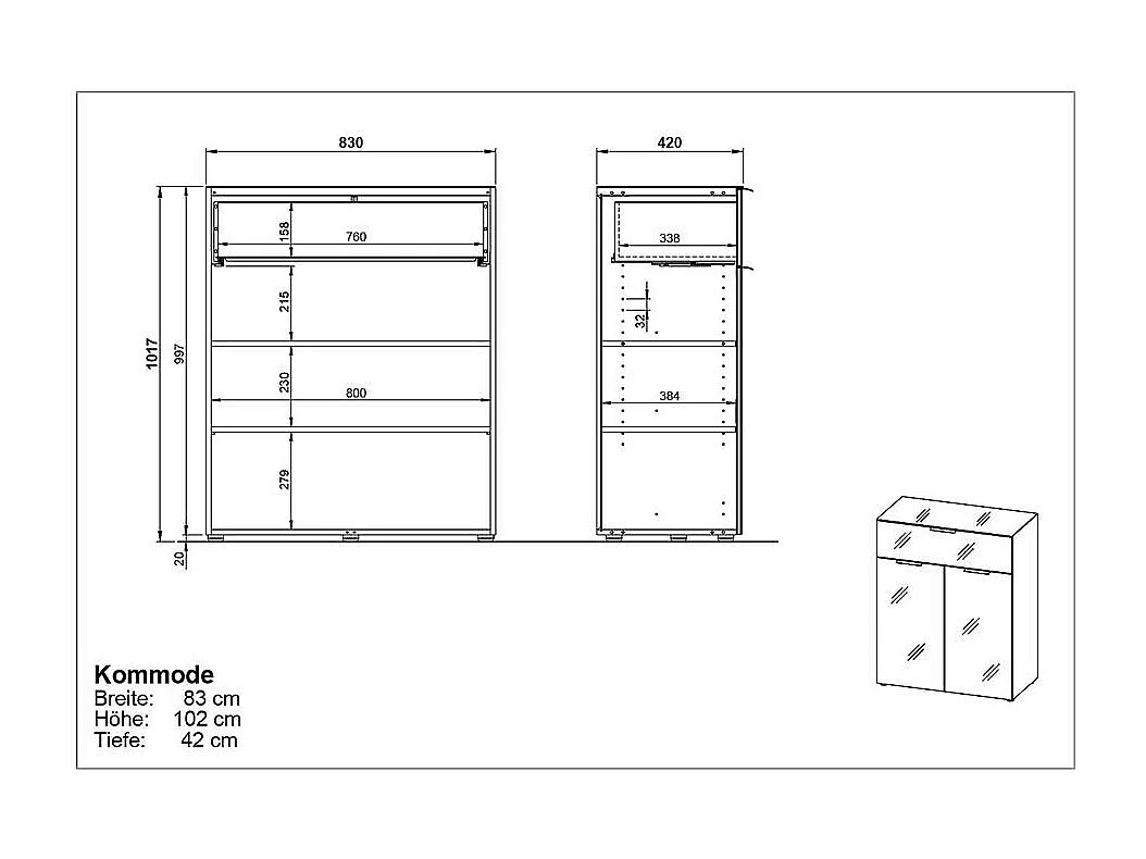 Kommode Hochkommode mit Drehtüren und Metallgriffen