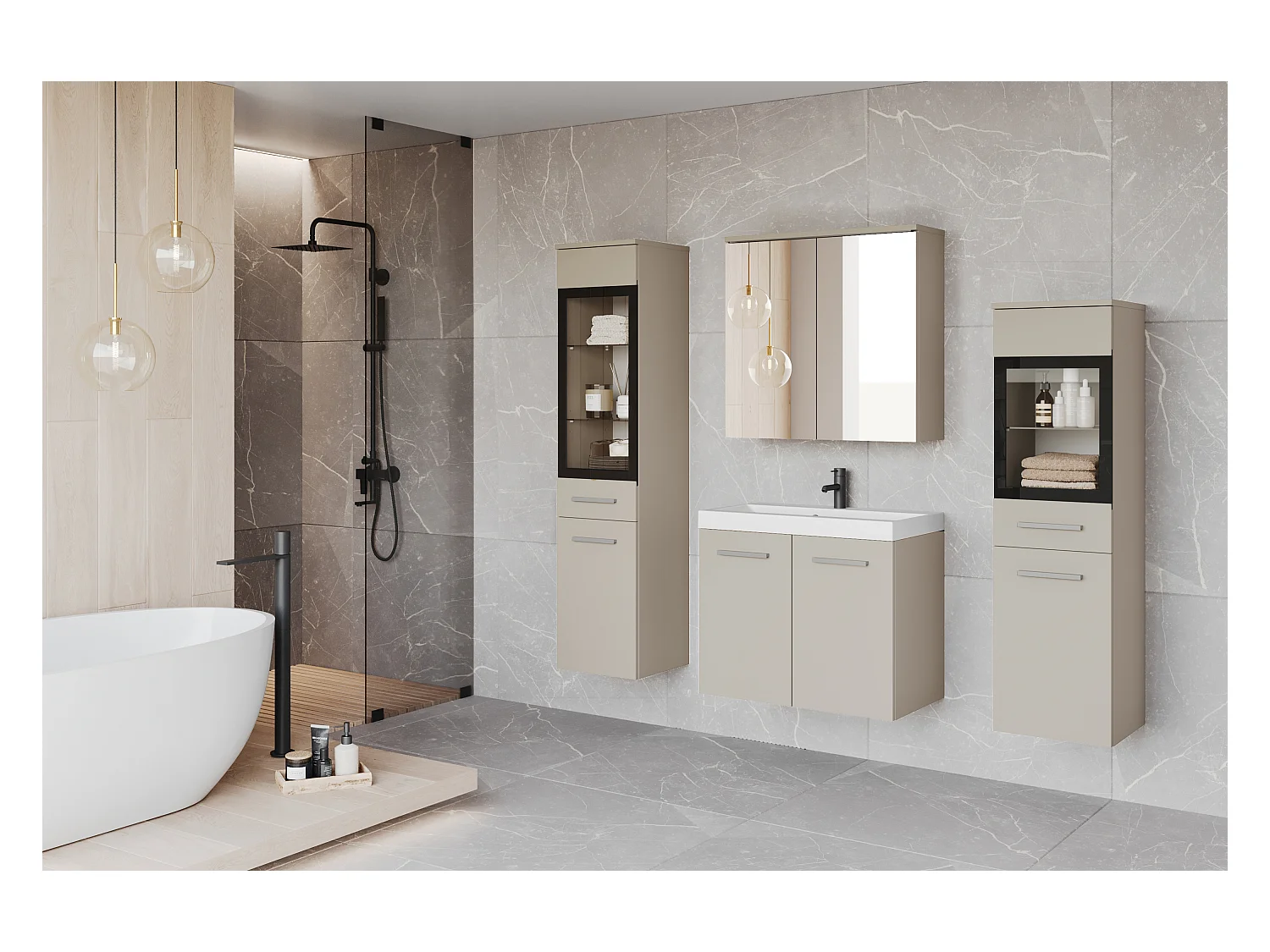 Muebles de baño con LED, conjunto suspendido con lavabo, 2 columnas y armario con espejo, beige cashmere