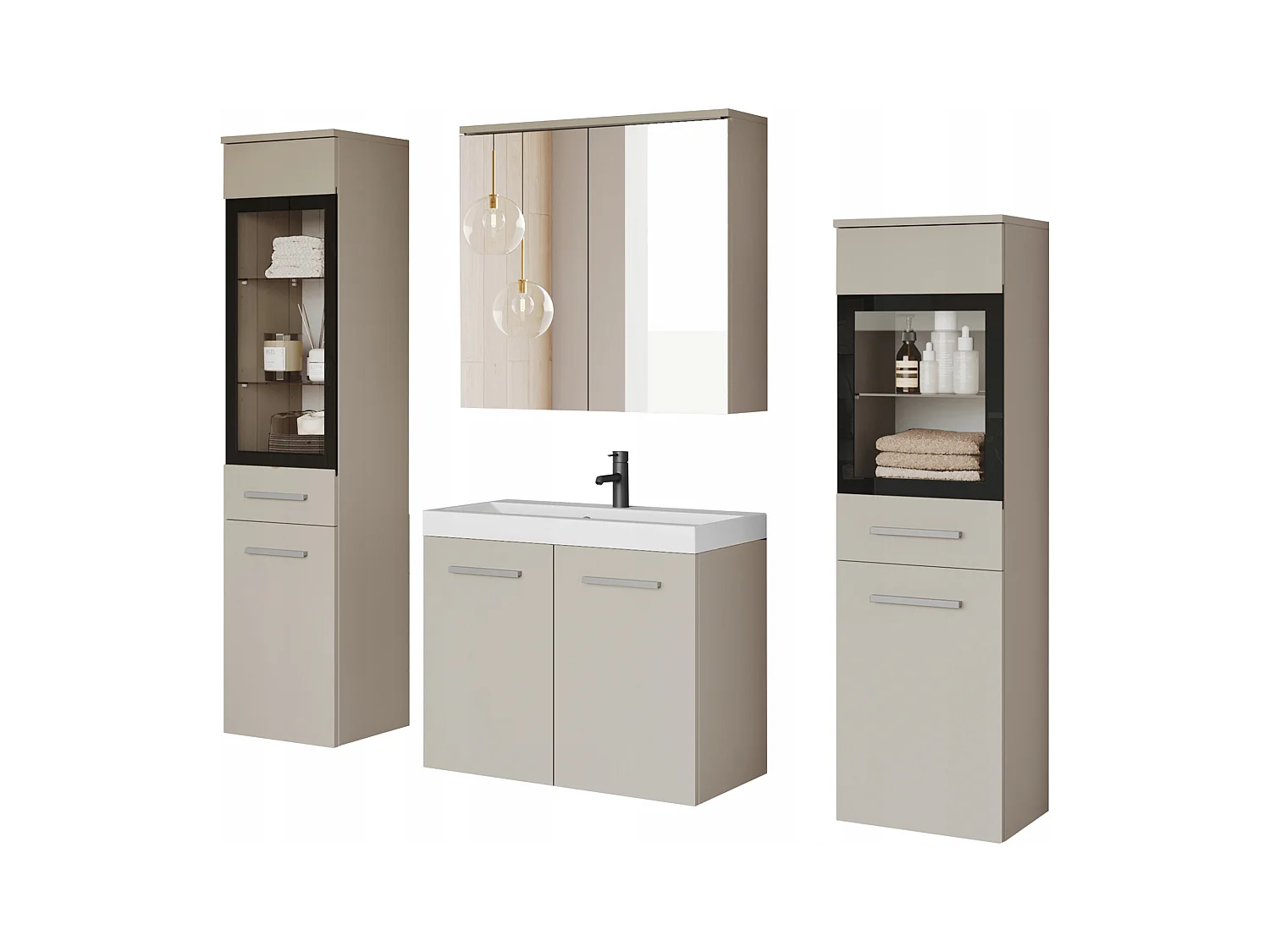 Muebles de baño con LED, conjunto suspendido con lavabo, 2 columnas y armario con espejo, beige cashmere