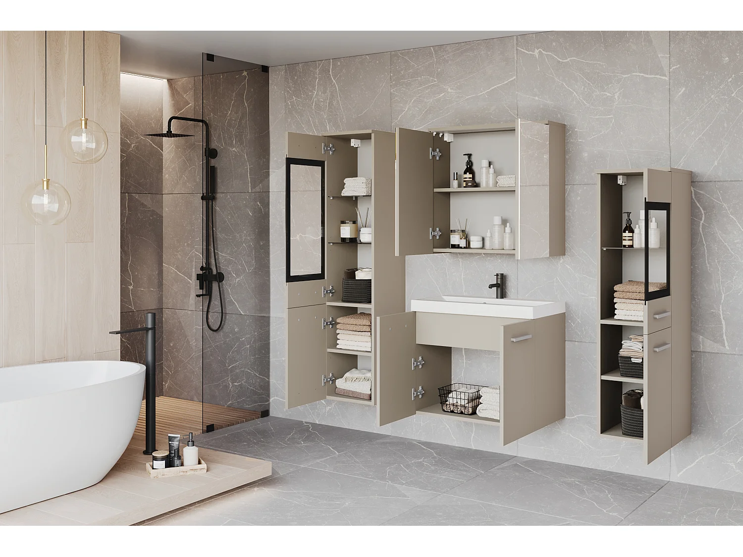 Meubles de salle de bain avec LED, ensemble suspendu avec lavabo, 2 colonnes et armoire miroir, beige cachemire