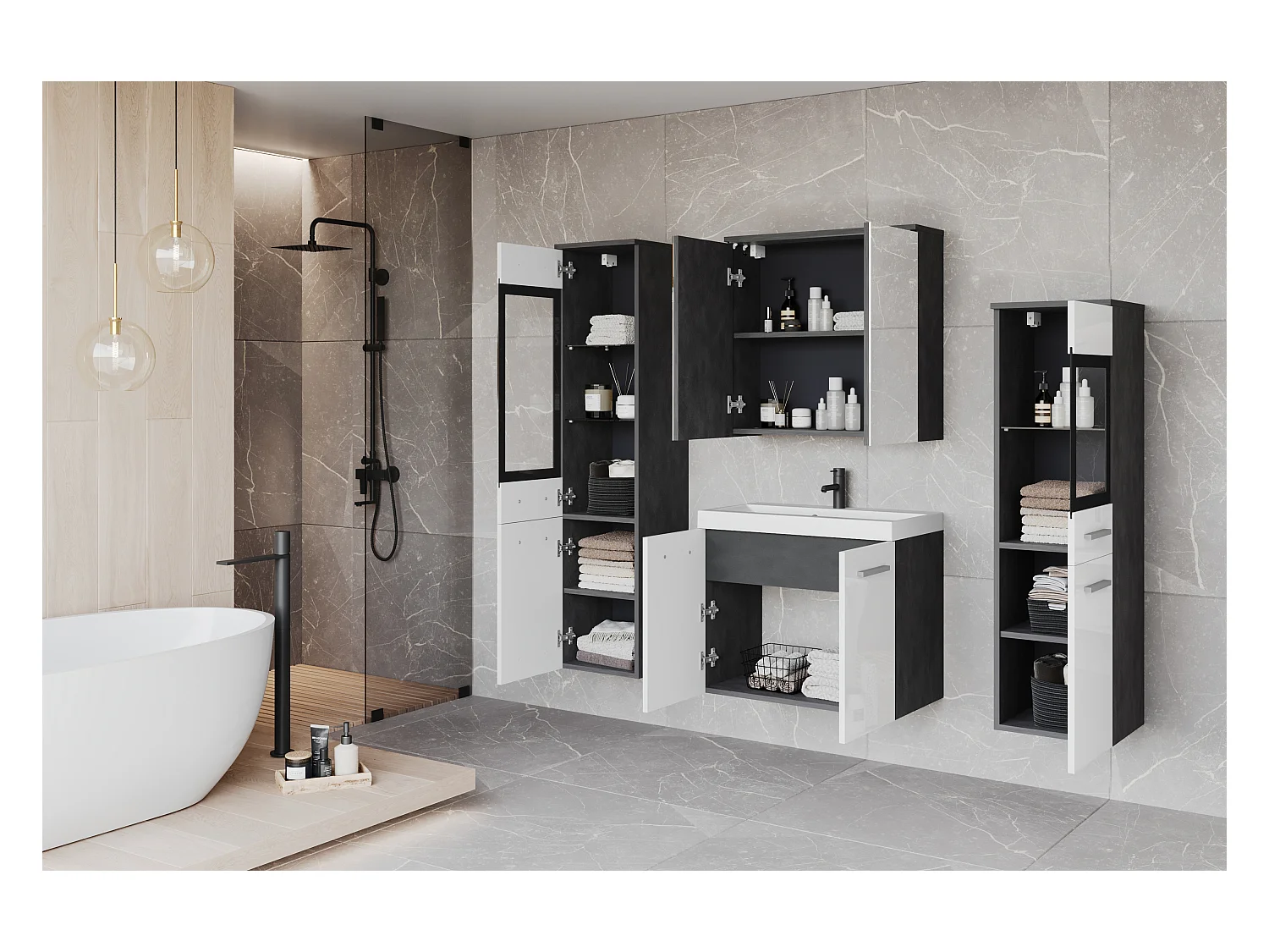 Badkamermeubels met LED, hangende set met wastafel, 2 kolomkasten en spiegelkast, corpus antraciet, fronten wit hoogglans