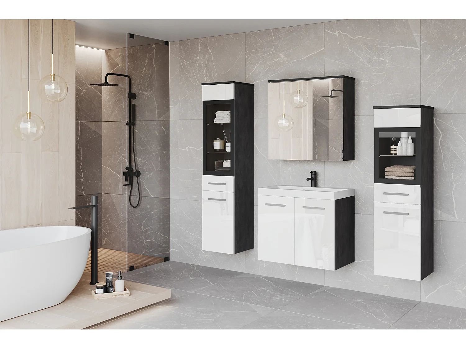 Meubles de salle de bain avec LED, ensemble suspendu avec lavabo, 2 colonnes et armoire miroir, corps anthracite, façades blanc brillant