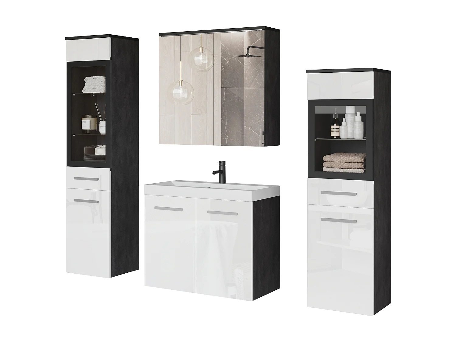 Meubles de salle de bain avec LED, ensemble suspendu avec lavabo, 2 colonnes et armoire miroir, corps anthracite, façades blanc brillant
