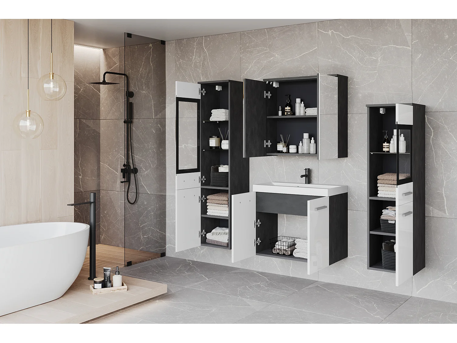 Meubles de salle de bain avec LED, ensemble suspendu avec lavabo, 2 colonnes et armoire miroir, corps anthracite, façades blanc brillant