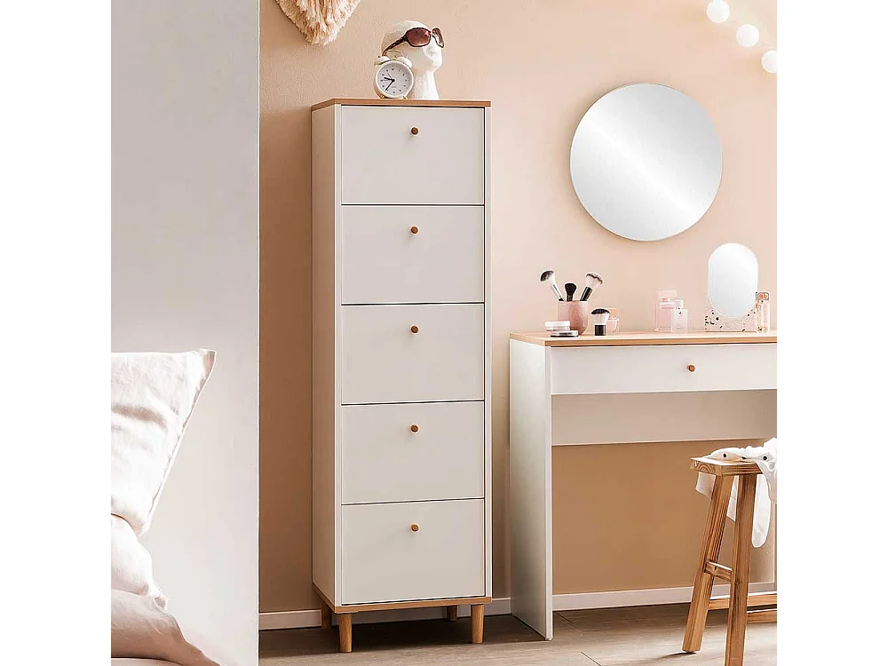 Kommode Hochkommode in Weiß mit fünf Schubladen