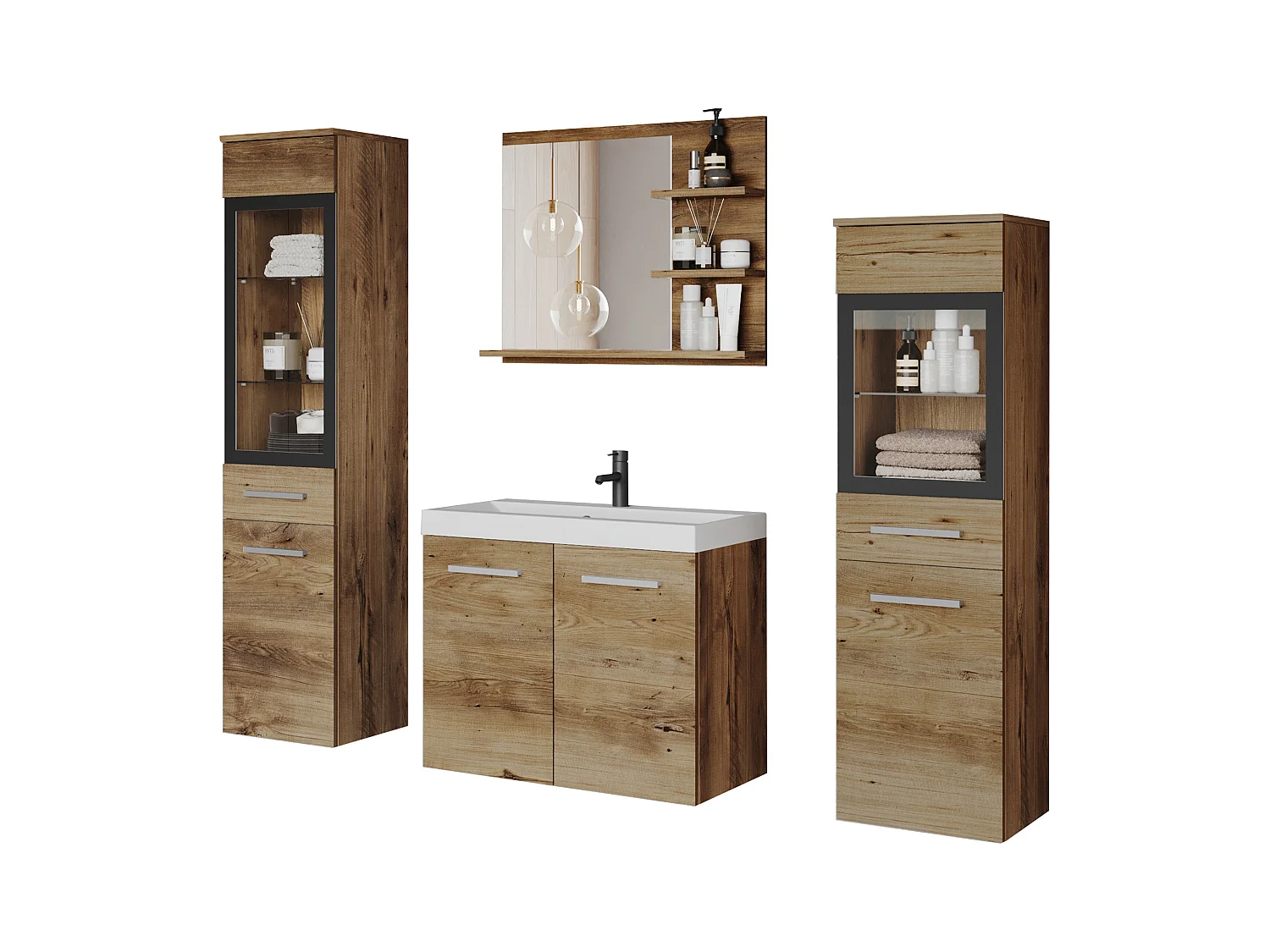 Badkamermeubelset met LED, hangende meubels met wastafel, 2 kolomkasten en spiegel met planken, kastanje