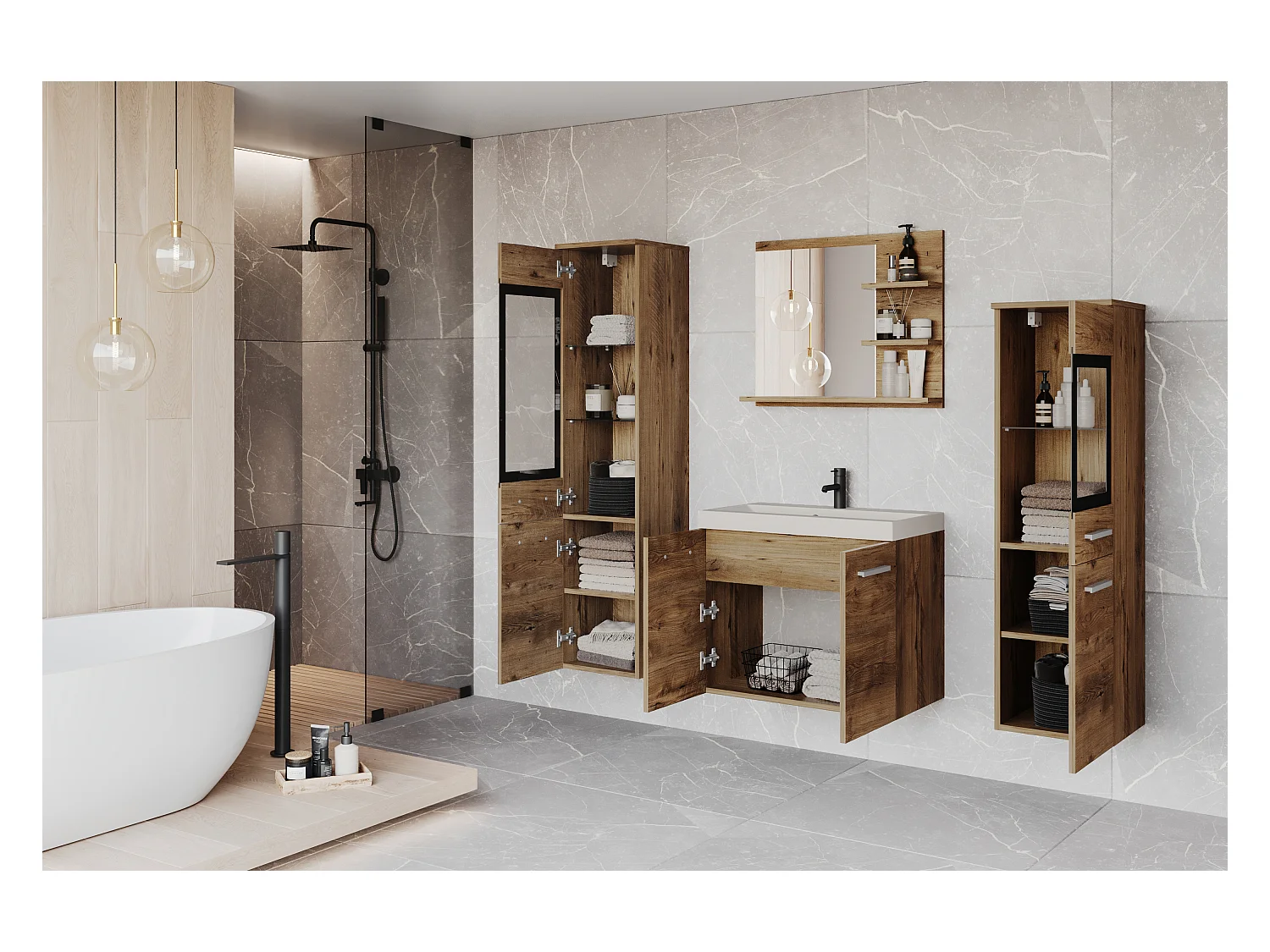 Badkamermeubelset met LED, hangende meubels met wastafel, 2 kolomkasten en spiegel met planken, kastanje