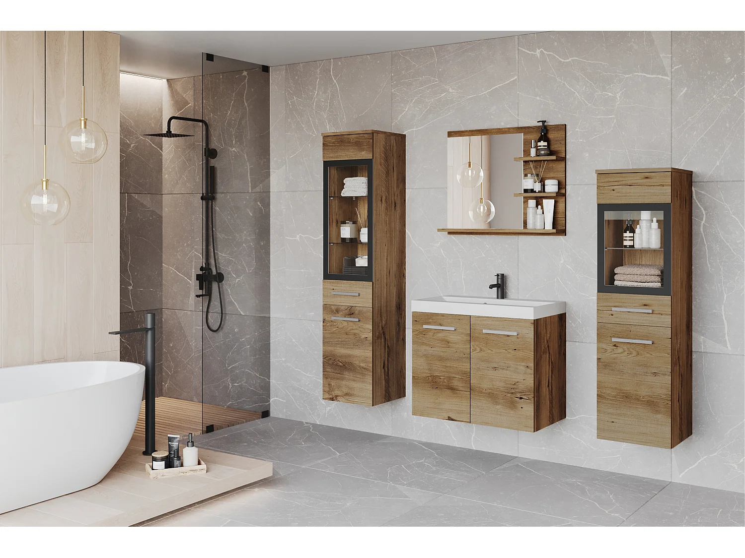 Ensemble de salle de bain avec LED, meubles suspendus avec lavabo, 2 colonnes et miroir avec étagères, châtaignier