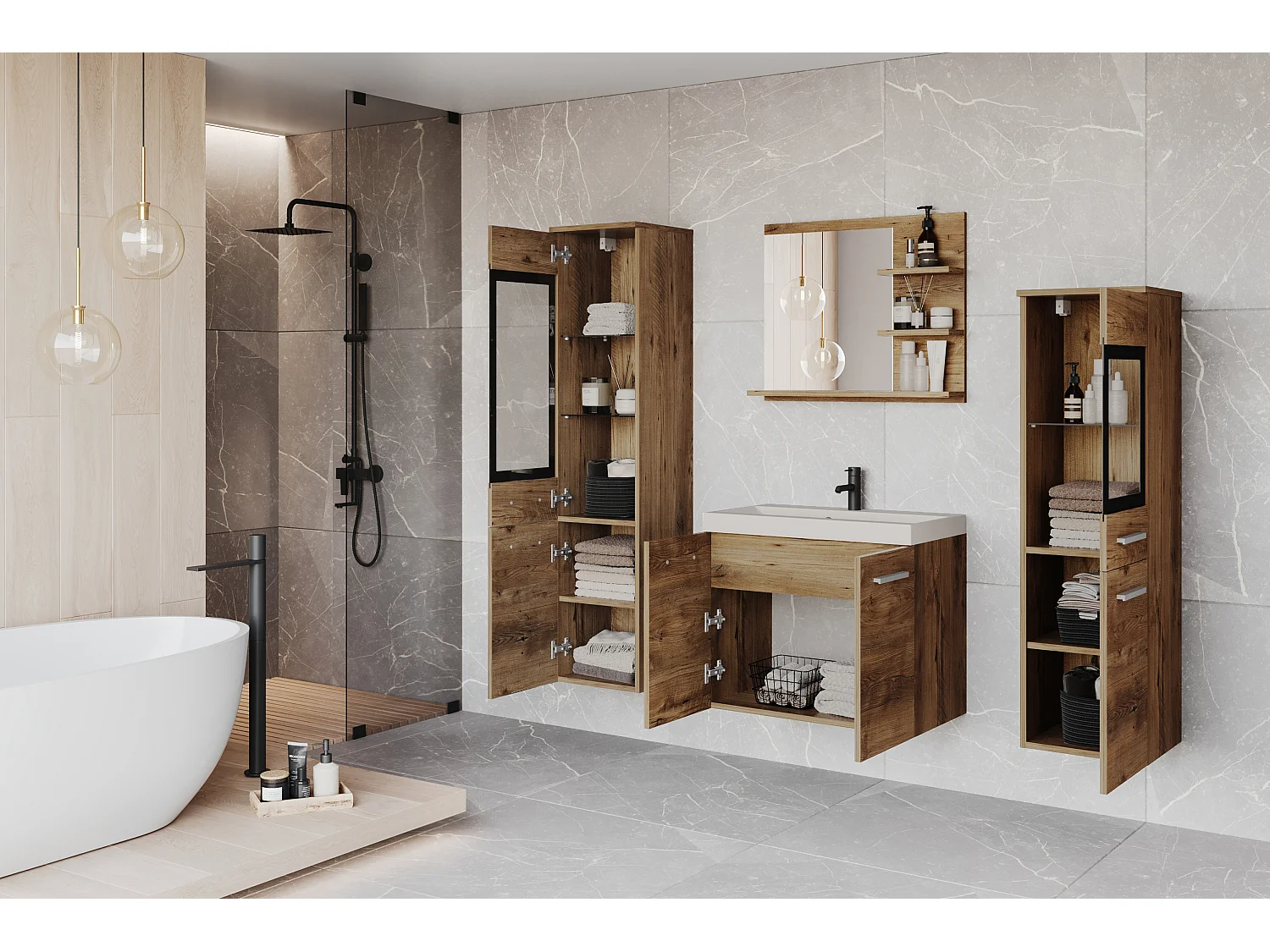 Ensemble de salle de bain avec LED, meubles suspendus avec lavabo, 2 colonnes et miroir avec étagères, châtaignier