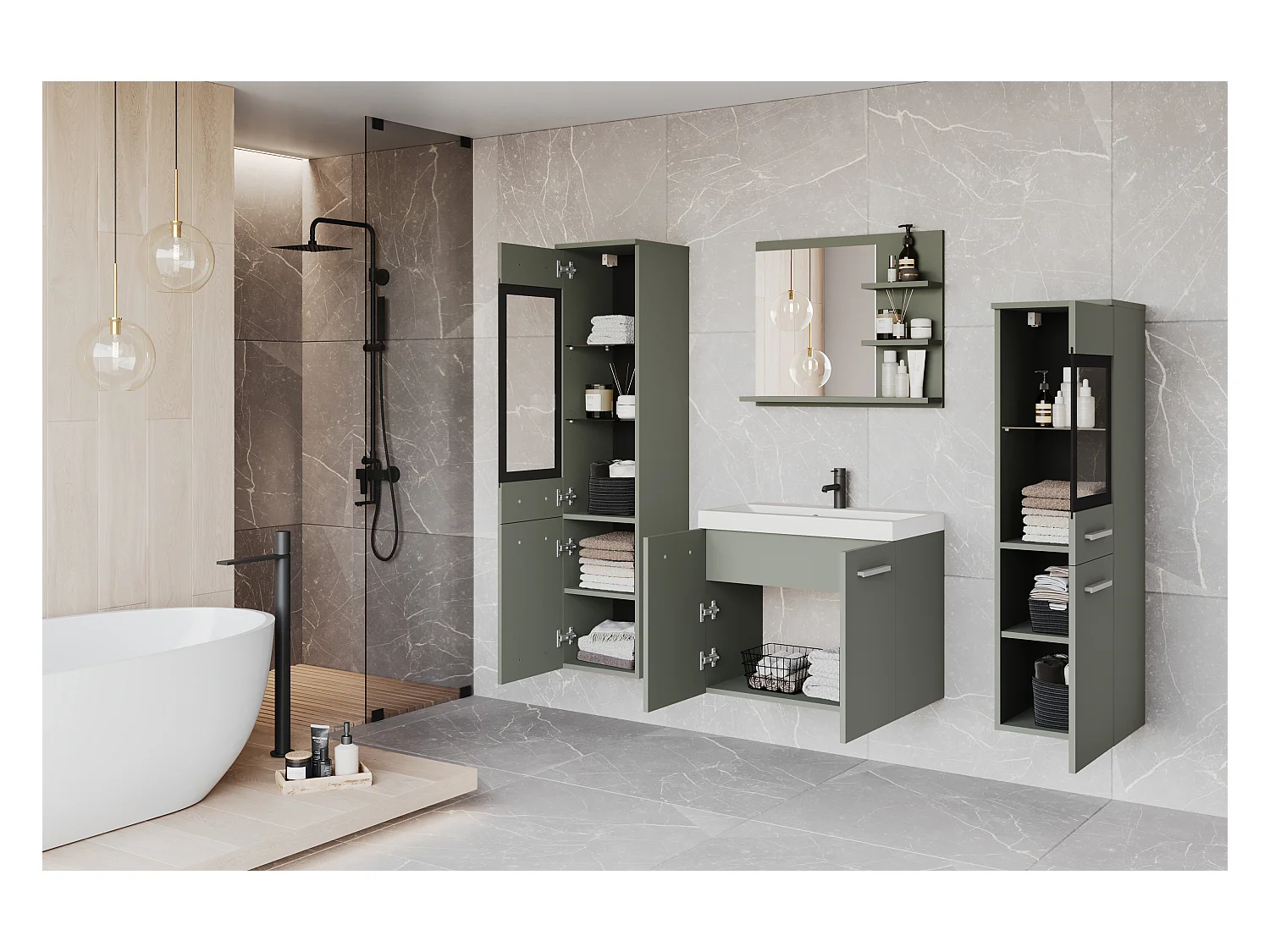 Ensemble de salle de bain avec LED, meubles suspendus avec lavabo, 2 colonnes et miroir avec étagères, vert brumeux