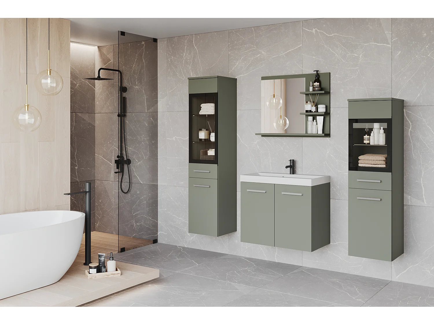 Ensemble de salle de bain avec LED, meubles suspendus avec lavabo, 2 colonnes et miroir avec étagères, vert brumeux