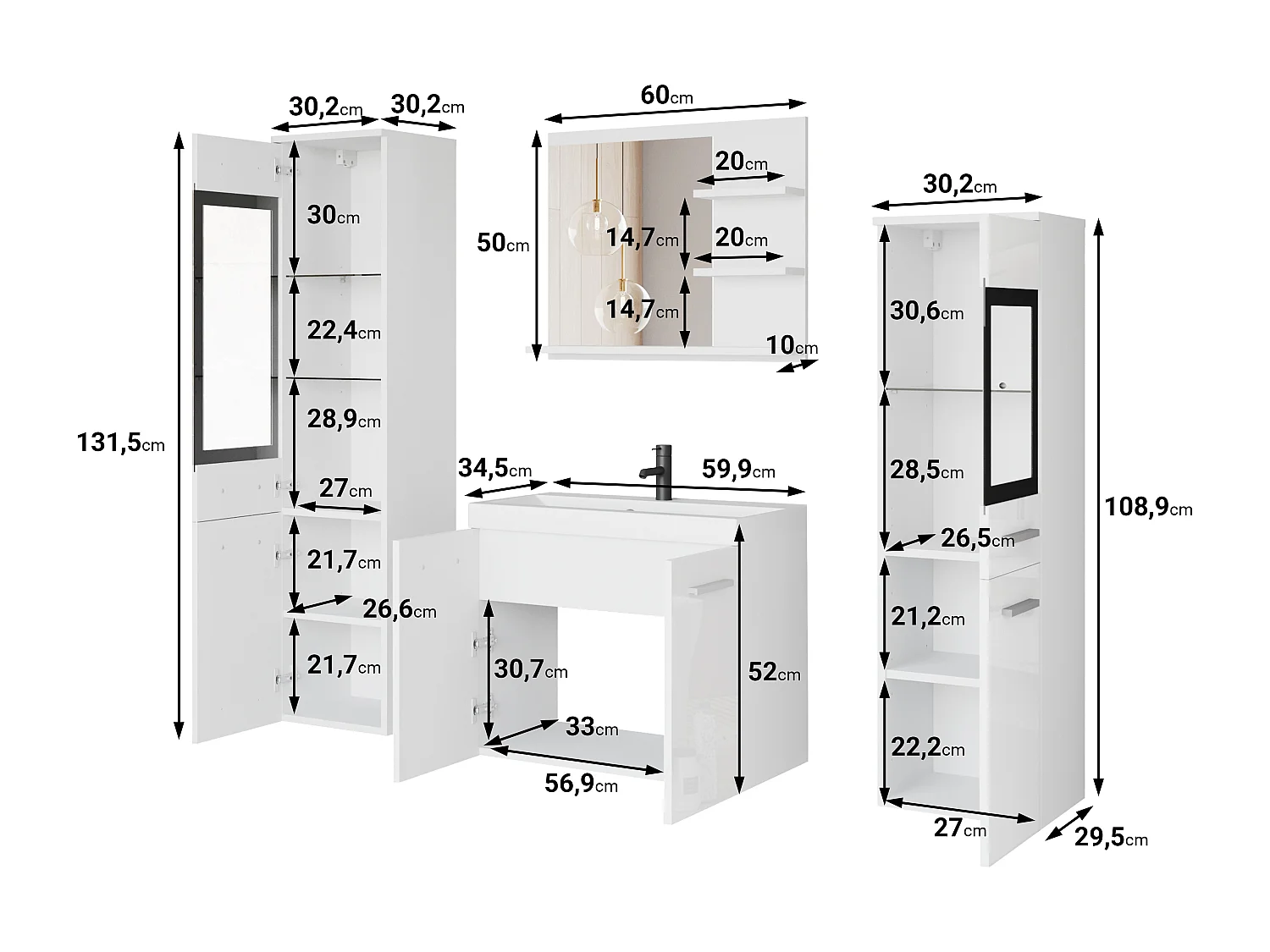 Ensemble de salle de bain avec LED, meubles suspendus avec lavabo, 2 colonnes et miroir avec étagères, vert brumeux