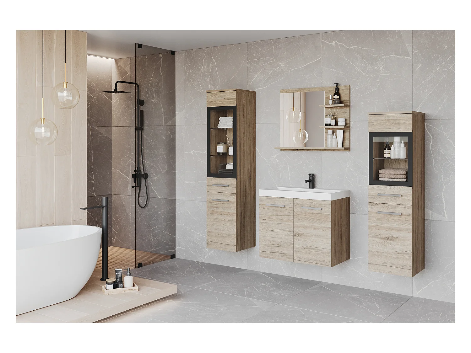 Conjunto de baño con LED, muebles suspendidos con lavabo, 2 columnas y espejo con estantes, roble san remo