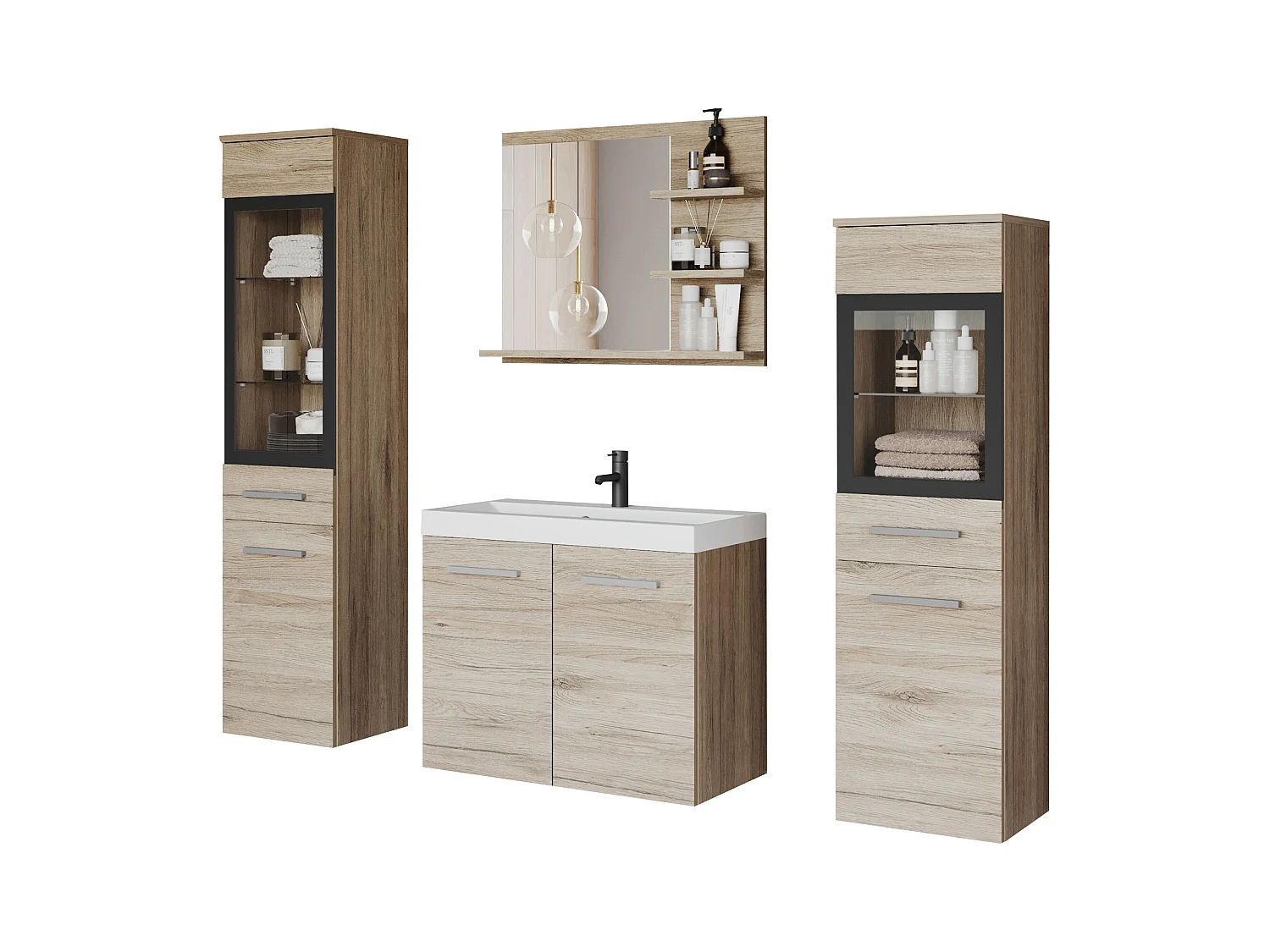 Conjunto de baño con LED, muebles suspendidos con lavabo, 2 columnas y espejo con estantes, roble san remo