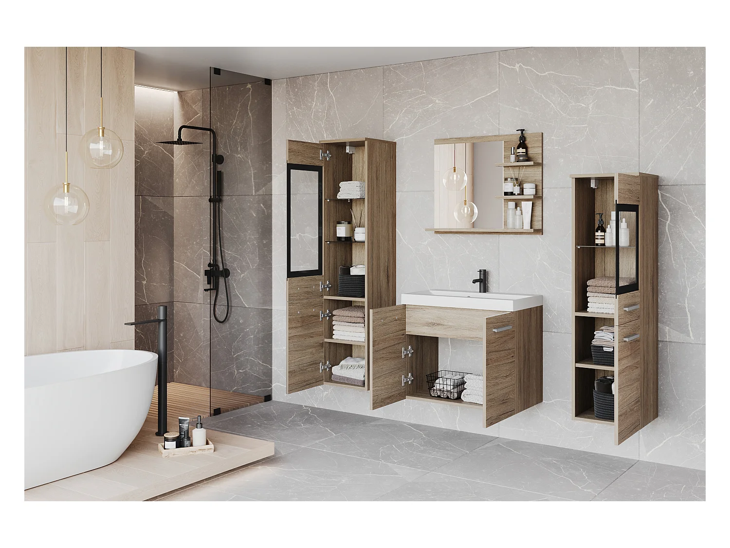 Conjunto de baño con LED, muebles suspendidos con lavabo, 2 columnas y espejo con estantes, roble san remo