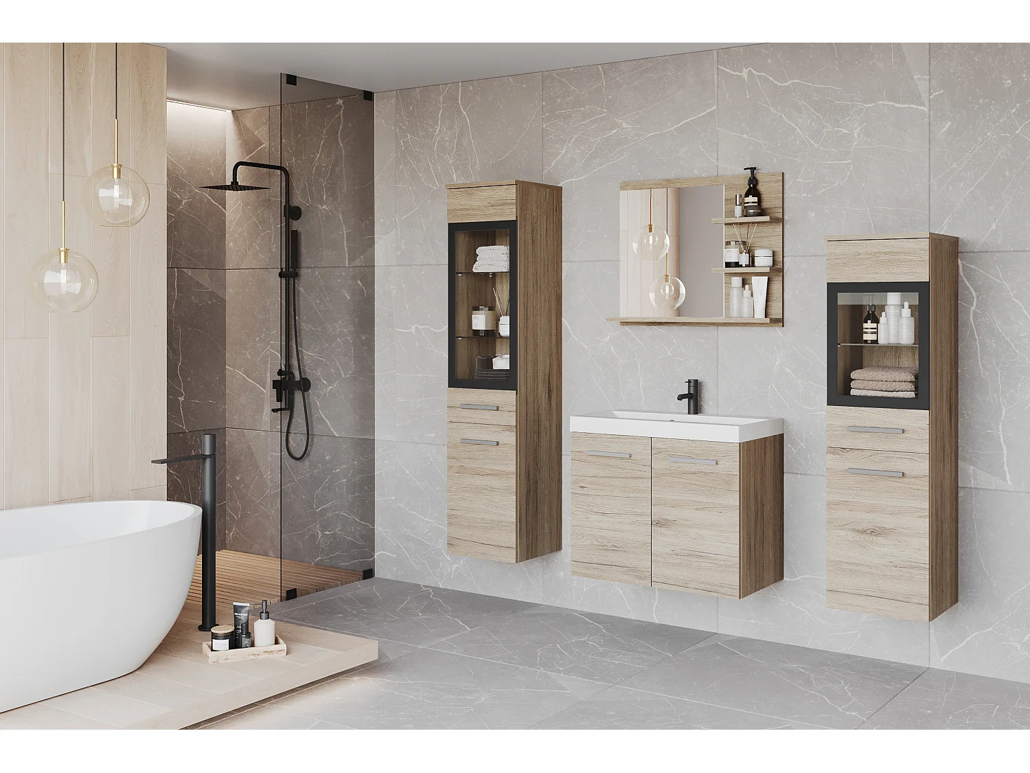 Ensemble de salle de bain avec LED, meubles suspendus avec lavabo, 2 colonnes et miroir avec étagères, chêne san remo
