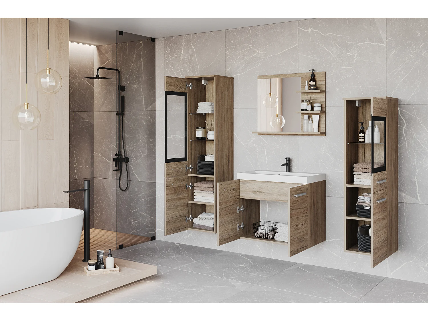 Ensemble de salle de bain avec LED, meubles suspendus avec lavabo, 2 colonnes et miroir avec étagères, chêne san remo