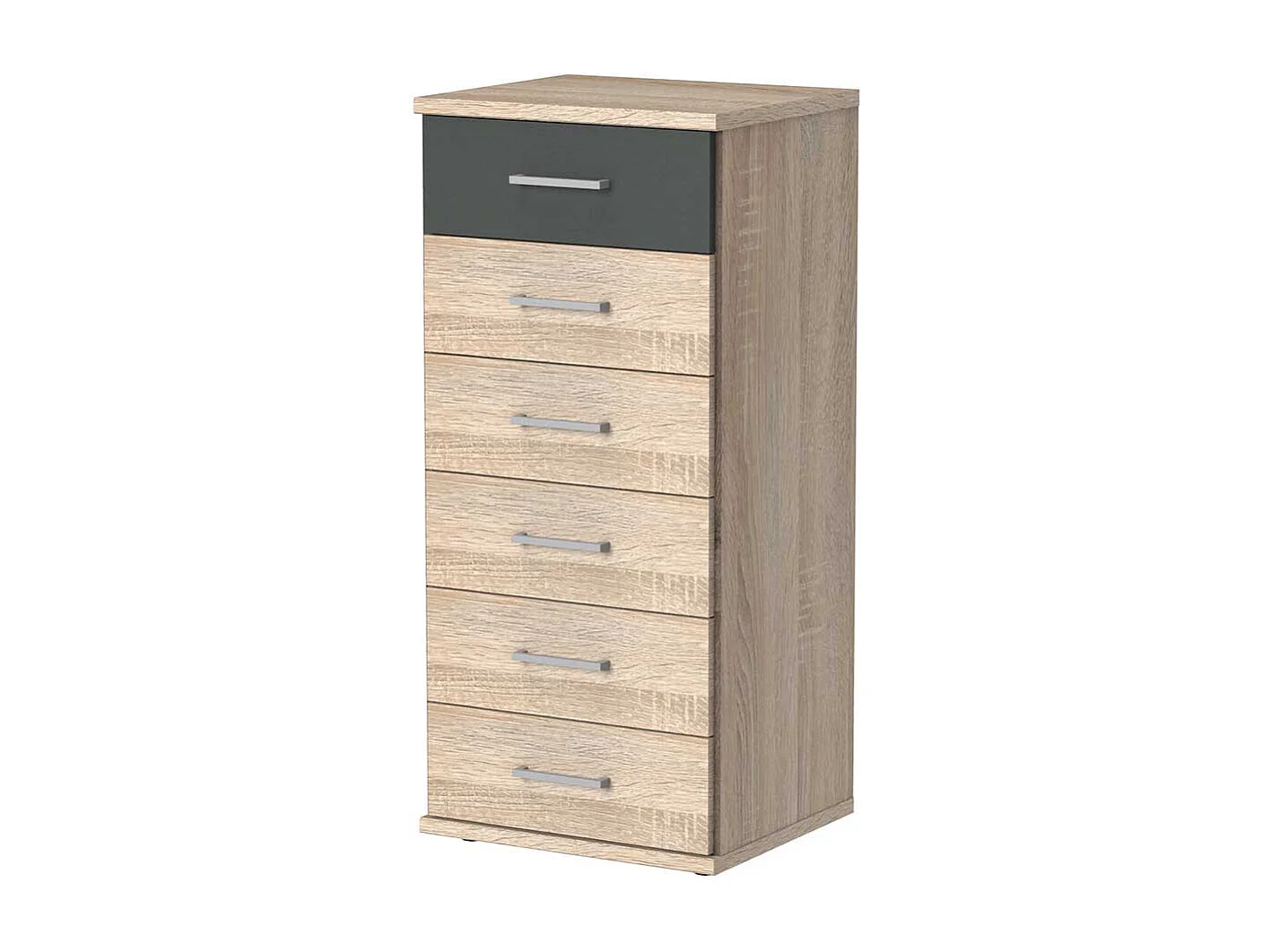 Kommode mit sechs Schubladen in Eiche Sägerau Dunkelgrau