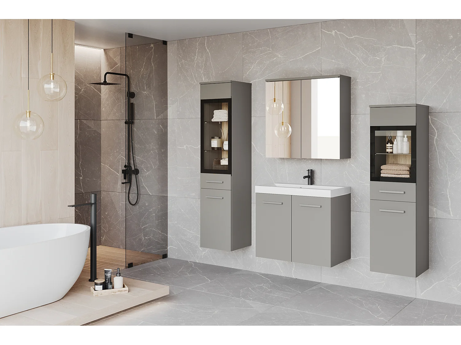 Meubles de salle de bain avec LED, ensemble suspendu avec lavabo, 2 colonnes et armoire miroir, gris palladium