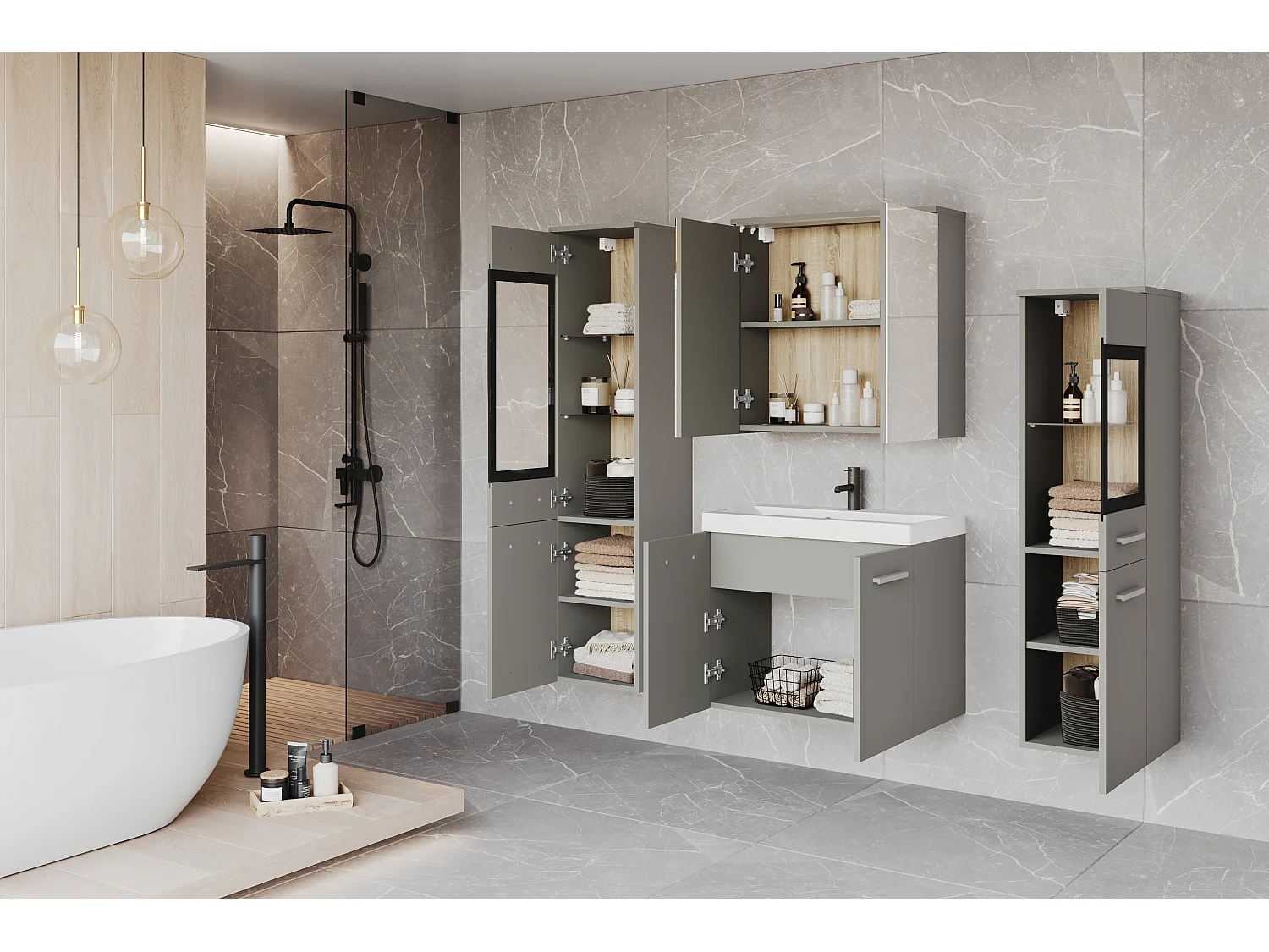 Meubles de salle de bain avec LED, ensemble suspendu avec lavabo, 2 colonnes et armoire miroir, gris palladium