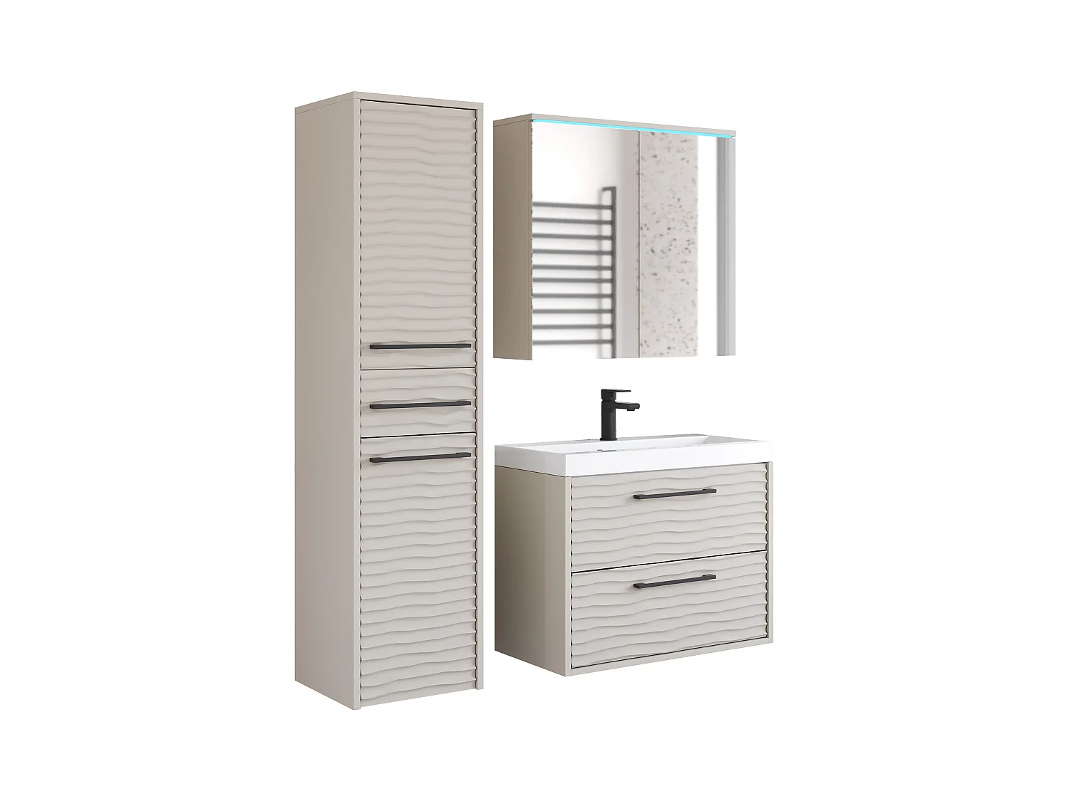 Muebles de baño modernos con LED, conjunto suspendido con lavabo, espejo y columna, frentes MDF ondulados beige cashmere