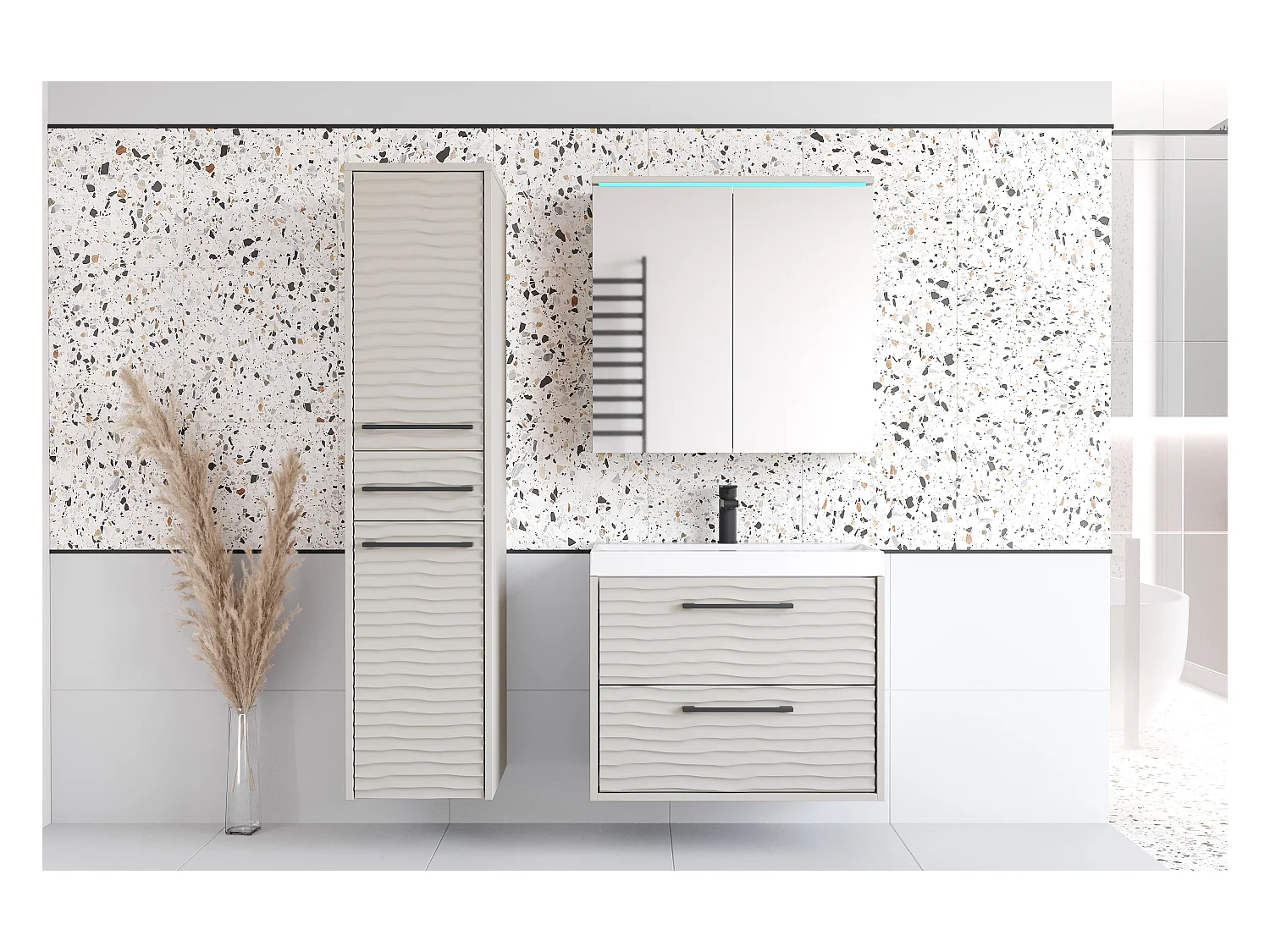 Muebles de baño modernos con LED, conjunto suspendido con lavabo, espejo y columna, frentes MDF ondulados beige cashmere