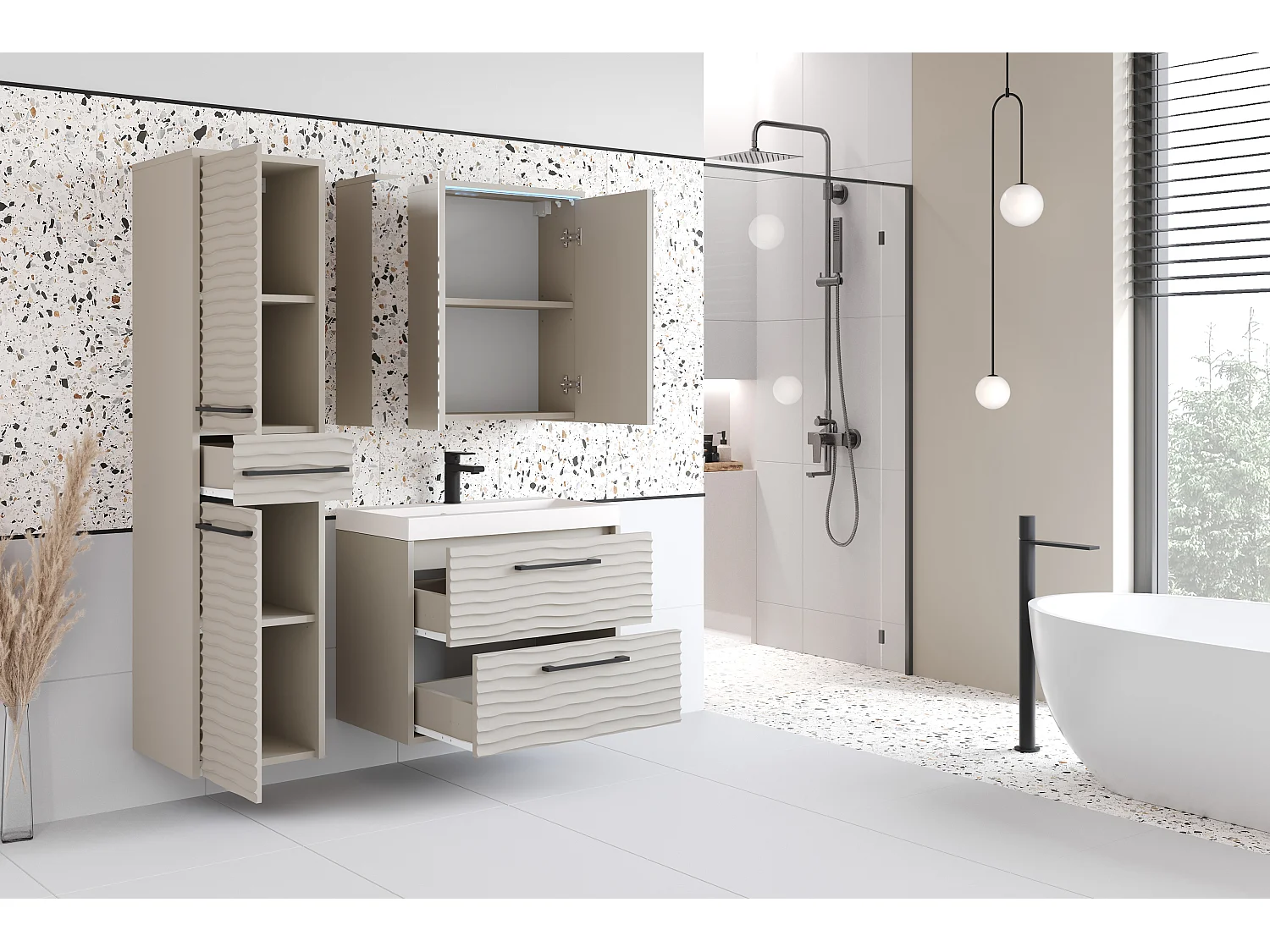 Meubles de salle de bain modernes avec LED, ensemble suspendu avec lavabo, miroir et colonne, façades en MDF ondulé beige cachemire