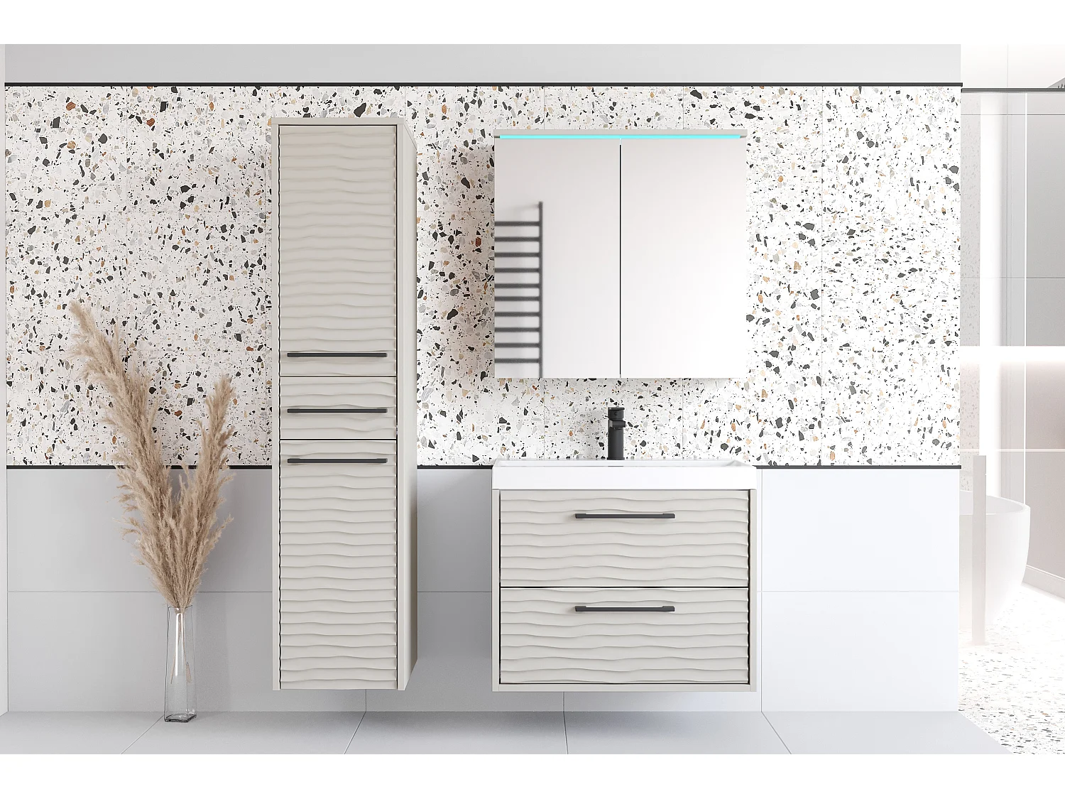 Meubles de salle de bain modernes avec LED, ensemble suspendu avec lavabo, miroir et colonne, façades en MDF ondulé beige cachemire