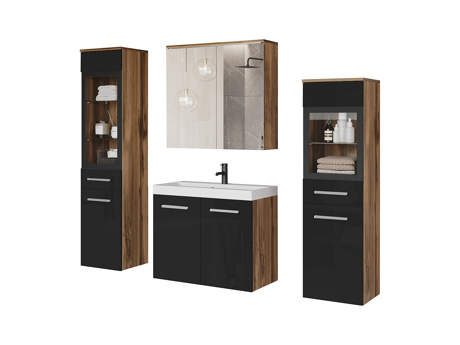 Meble łazienkowe z LED, zestaw wiszący do łazienki z umywalką, 2 słupkami i szafką lustrzaną, korpus dąb wotan, fronty czarny połysk