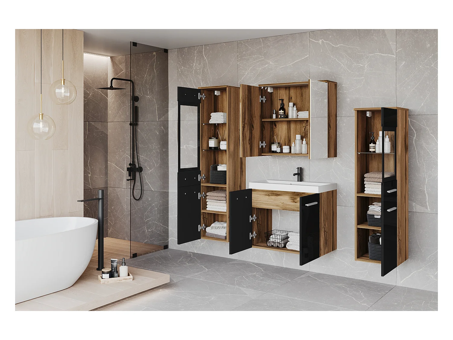 Meble łazienkowe z LED, zestaw wiszący do łazienki z umywalką, 2 słupkami i szafką lustrzaną, korpus dąb wotan, fronty czarny połysk