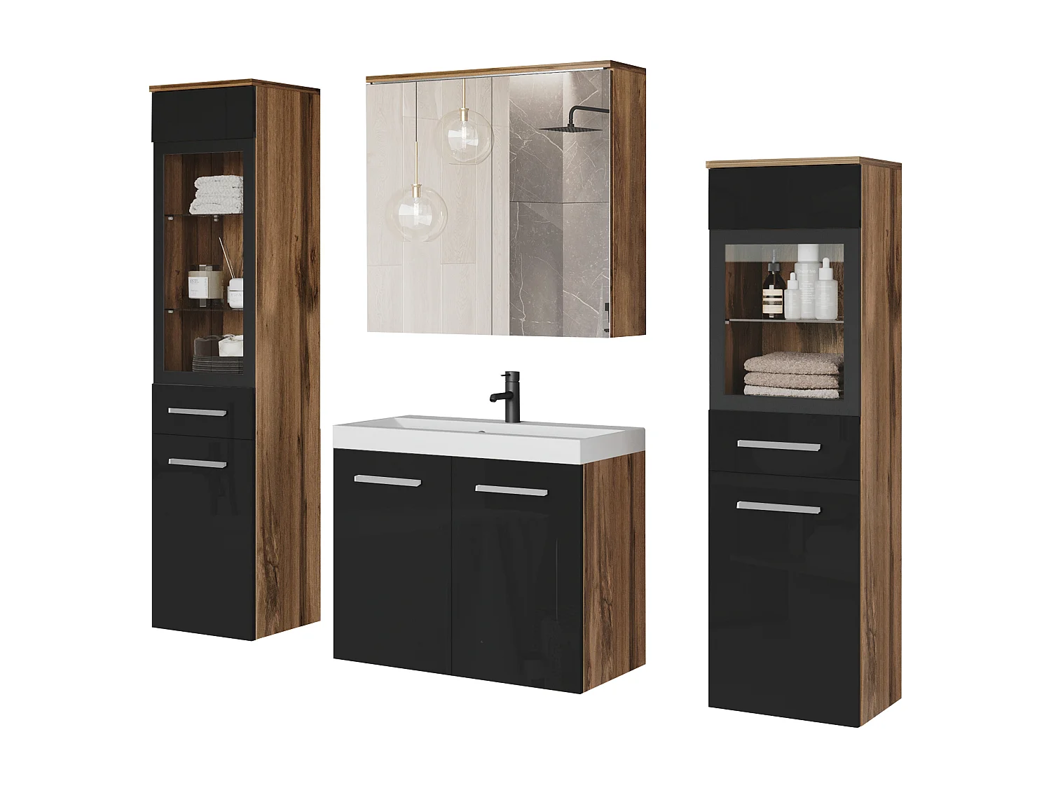 Meubles de salle de bain avec LED, ensemble suspendu avec lavabo, 2 colonnes et armoire miroir, corps chêne wotan, façades noir brillant