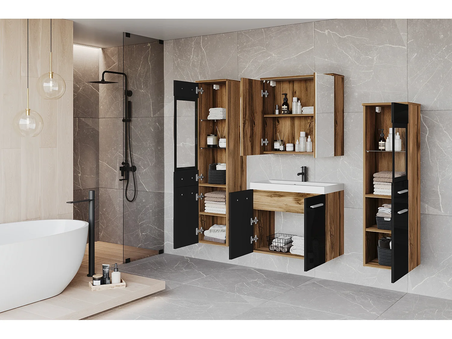 Meubles de salle de bain avec LED, ensemble suspendu avec lavabo, 2 colonnes et armoire miroir, corps chêne wotan, façades noir brillant