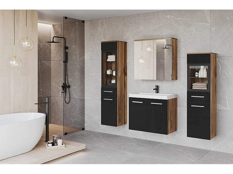 Meubles de salle de bain avec LED, ensemble suspendu avec lavabo, 2 colonnes et armoire miroir, corps chêne wotan, façades noir brillant