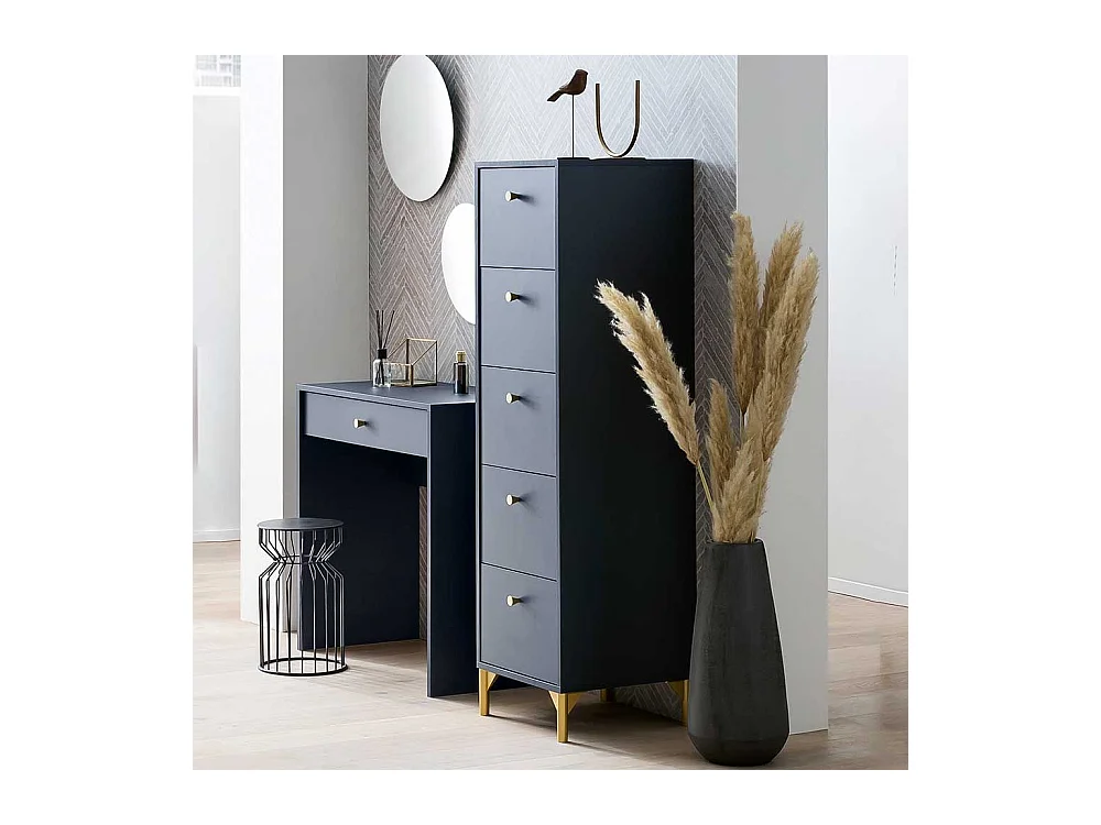 Kommode Säulenkommode in Dunkelblau mit fünf Schubladen