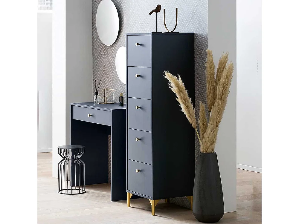 Kommode Säulenkommode in Dunkelblau mit fünf Schubladen