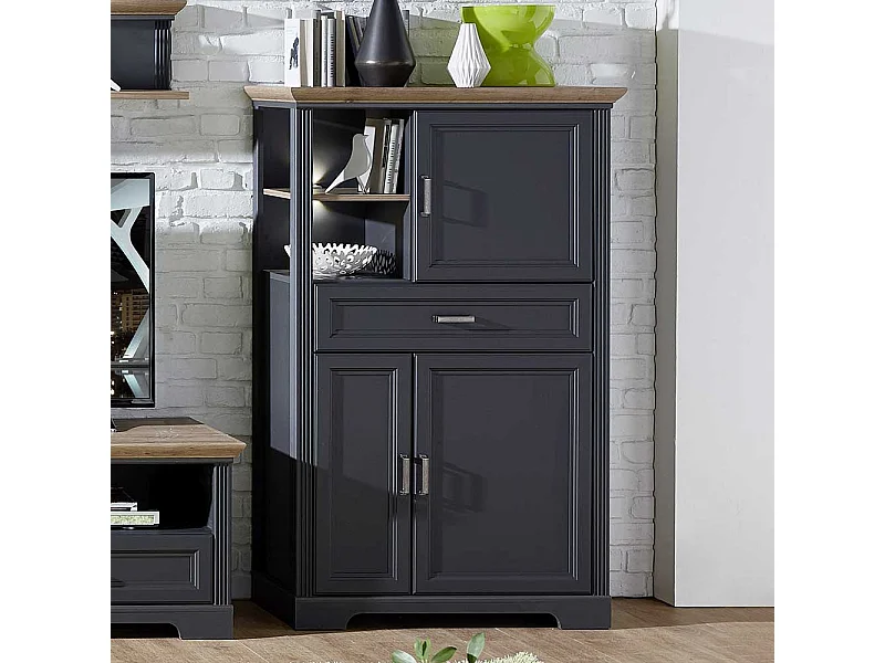 Wohnzimmer Kommode in Dunkelgrau und Eichefarben LED Beleuchtung