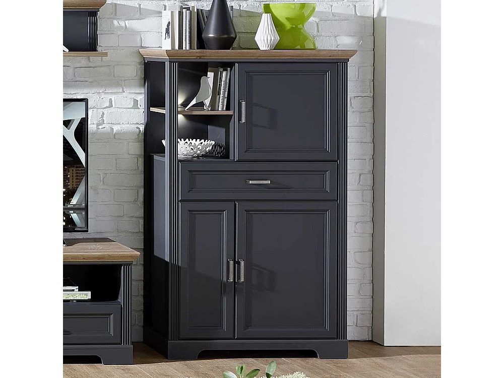 Wohnzimmer Kommode in Dunkelgrau und Eichefarben LED Beleuchtung